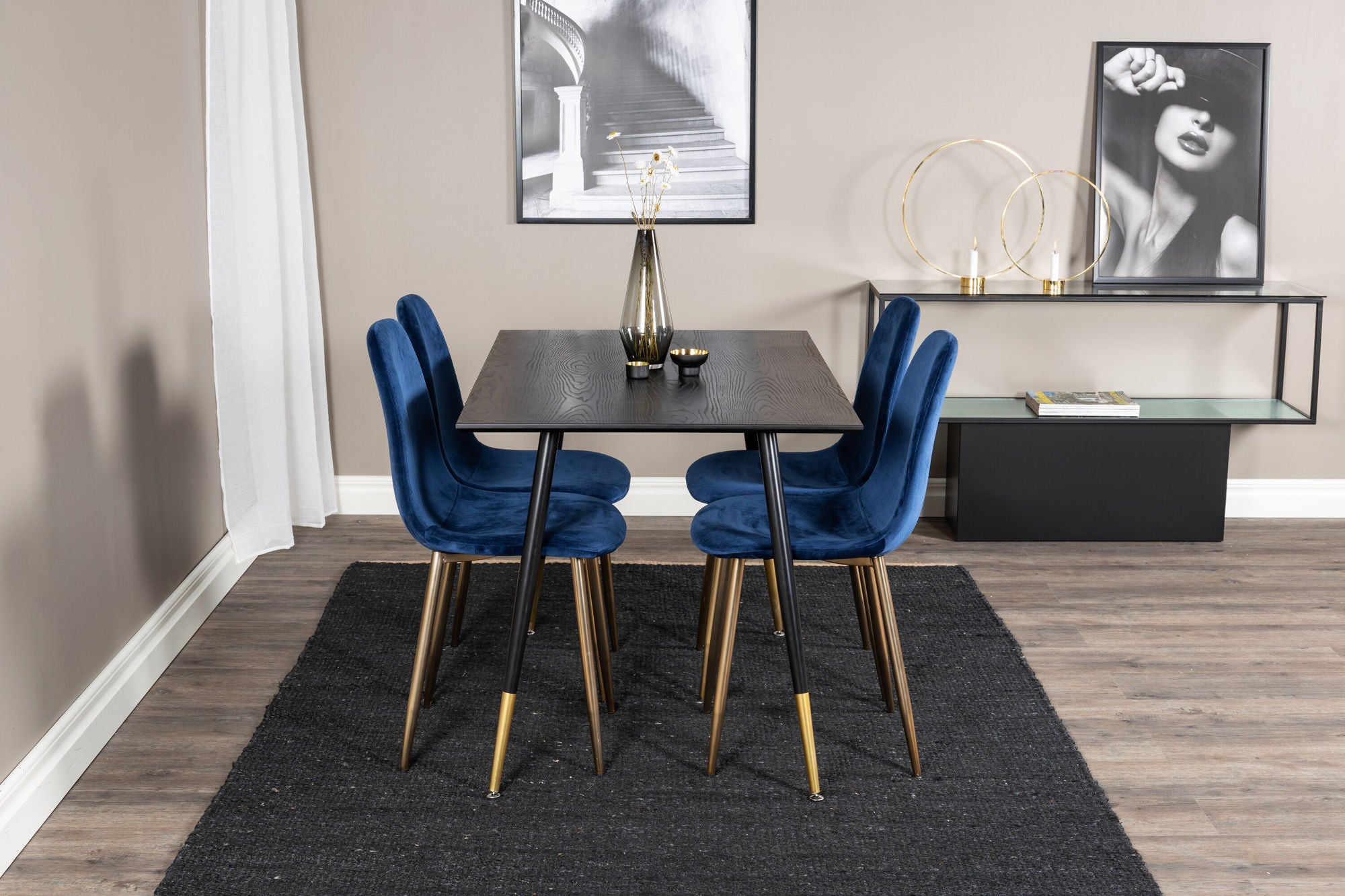 Venture Home Dipp spisebord - 120 cm - Black Veneer - Black Legs w. Brass dipp+Polar Spisebordsstol - Blue / Brass_4