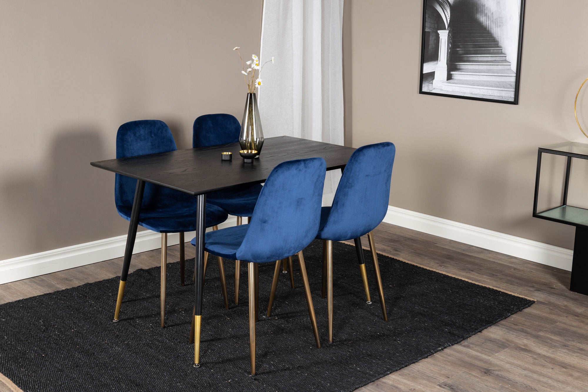 Venture Home Dipp spisebord - 120 cm - Black Veneer - Black Legs w. Brass dipp+Polar Spisebordsstol - Blue / Brass_4