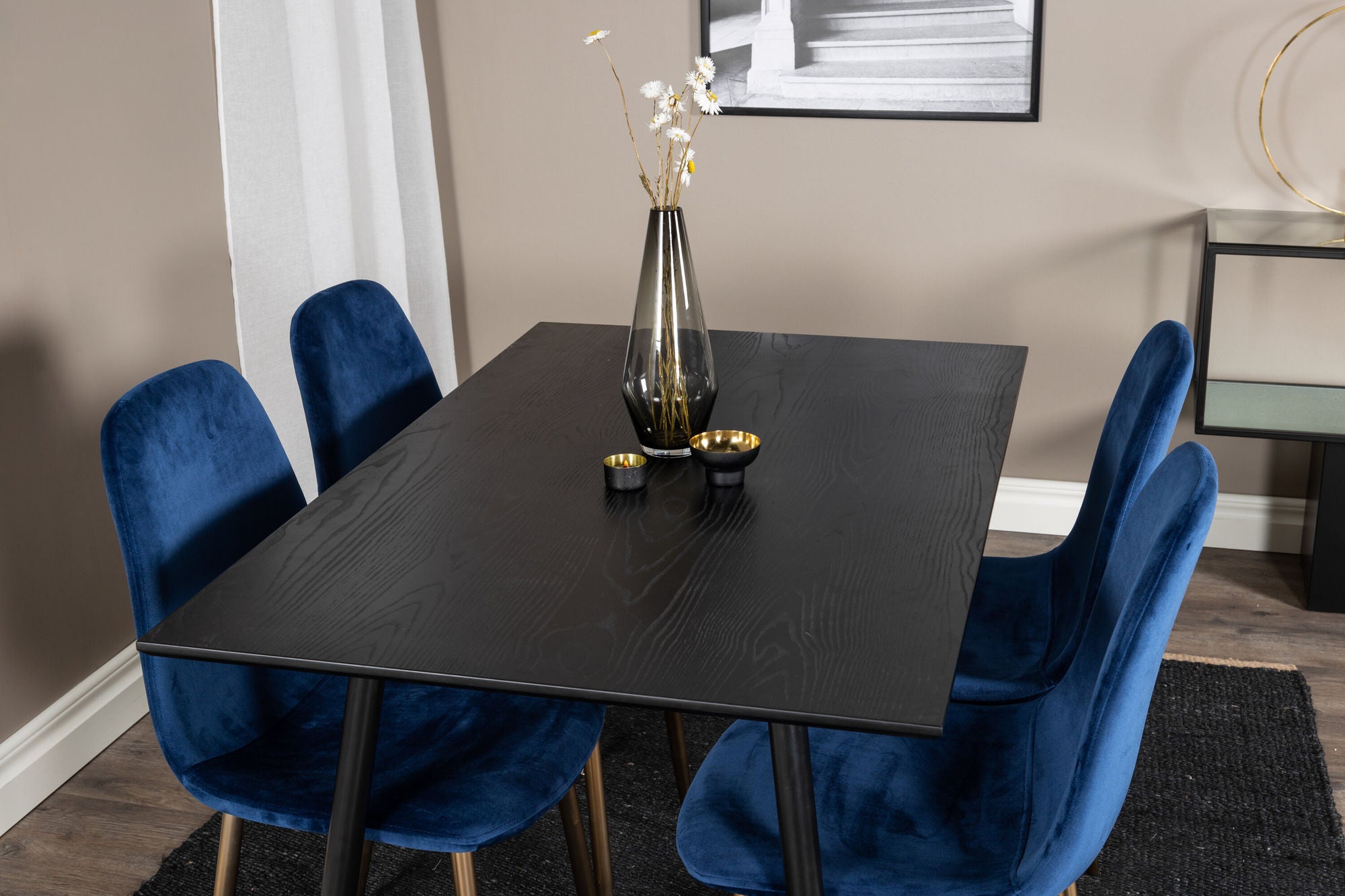 Venture Home Dipp spisebord - 120 cm - Black Veneer - Black Legs w. Brass dipp+Polar Spisebordsstol - Blue / Brass_4