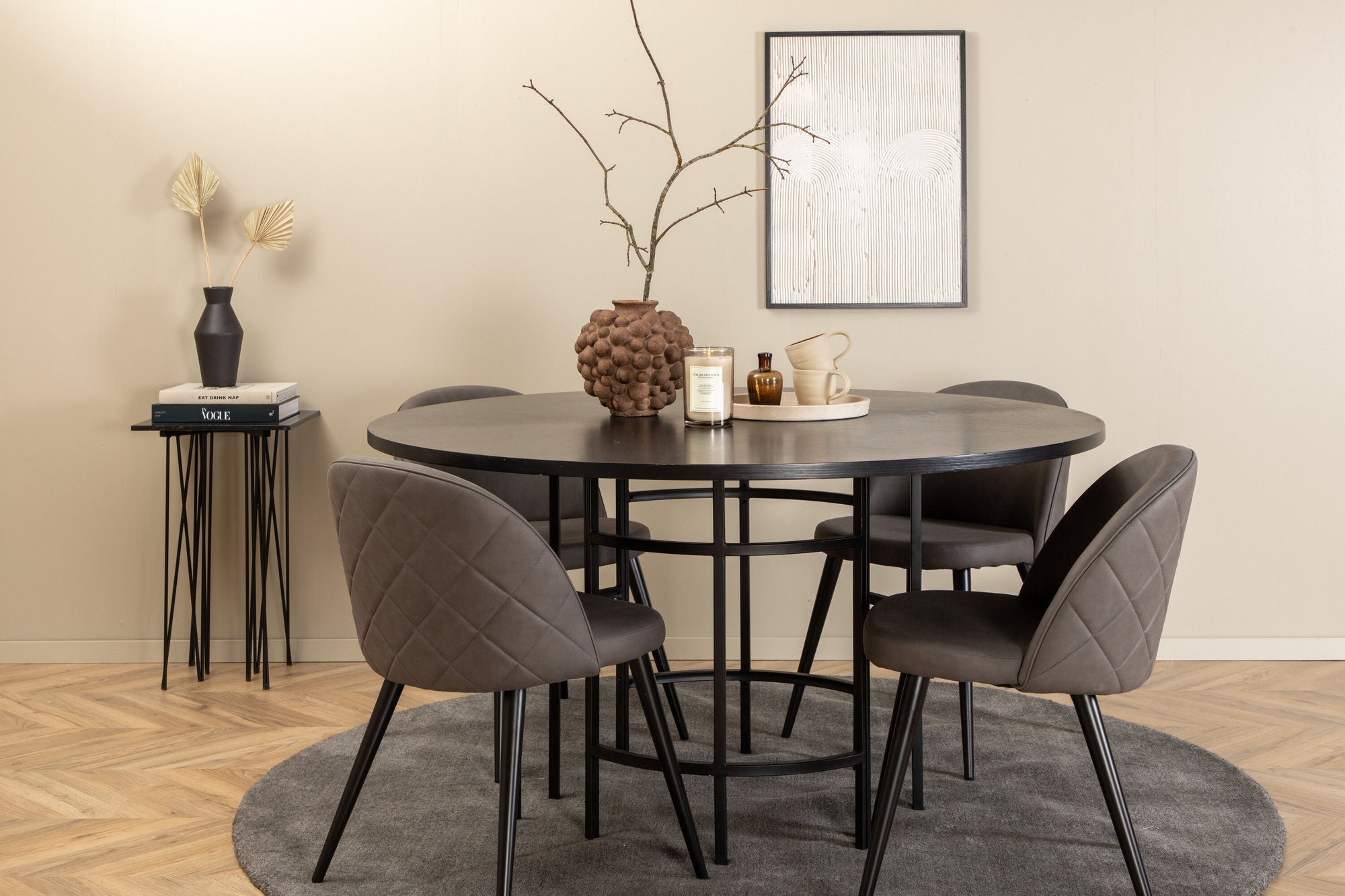 Venture Home Copenhagen - spisebord round - Black / Black+Velvet Stitches stol - Black / Grey Micro Fibre_4