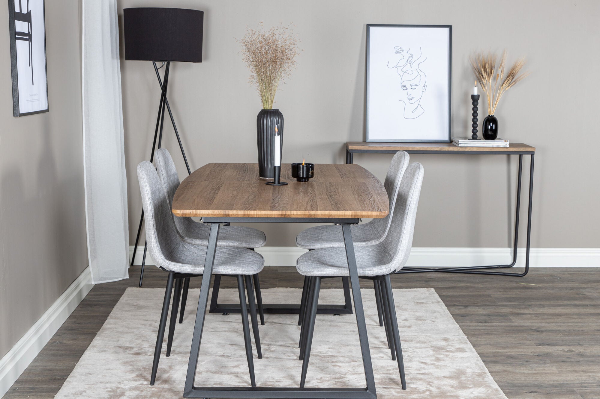 Venture Home Inca spisebord - 160/200*85*H75 - Oak / Black+Polar Diamond Spisebordsstol - Black Legs - Grey Fabric_4