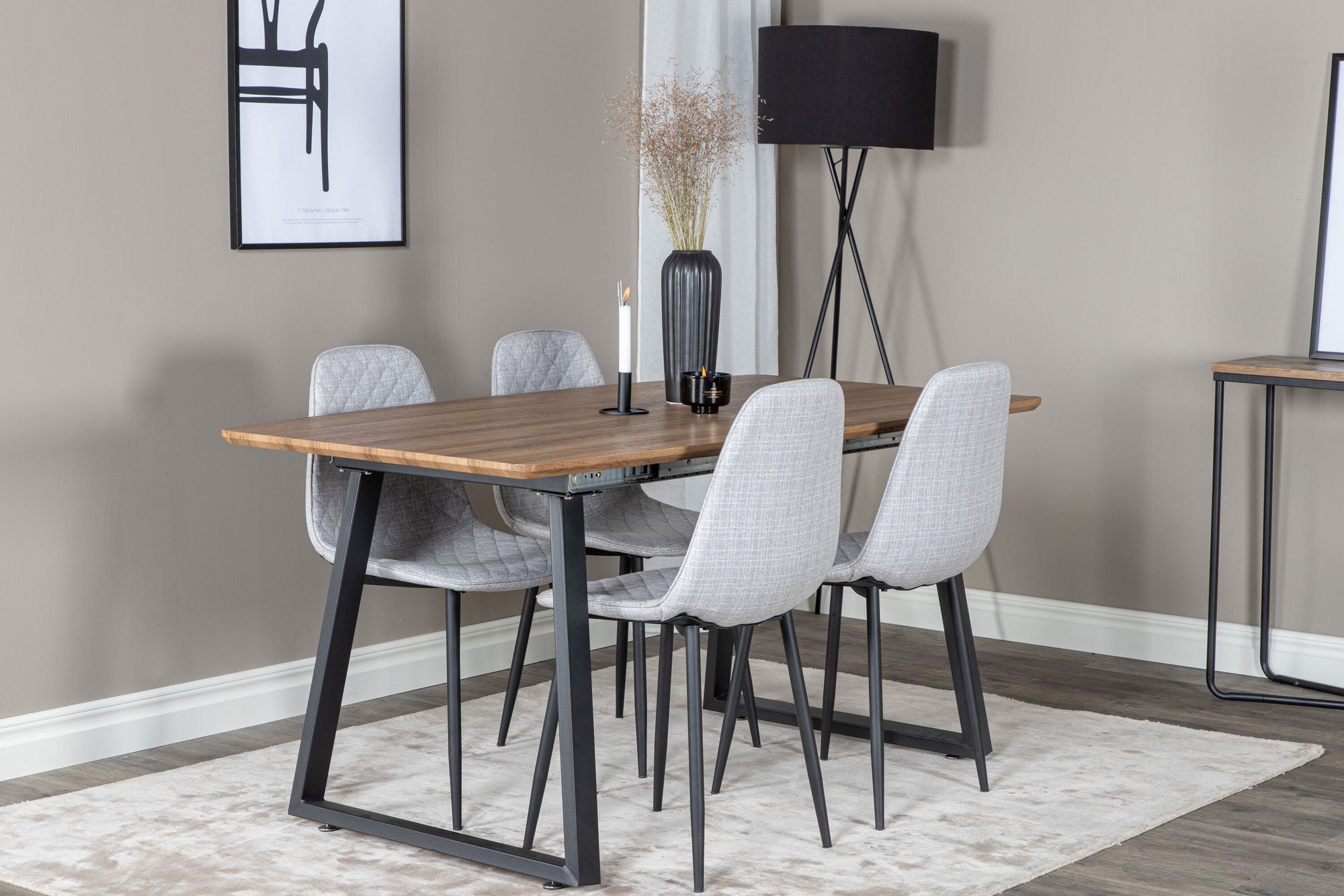 Venture Home Inca spisebord - 160/200*85*H75 - Oak / Black+Polar Diamond Spisebordsstol - Black Legs - Grey Fabric_4