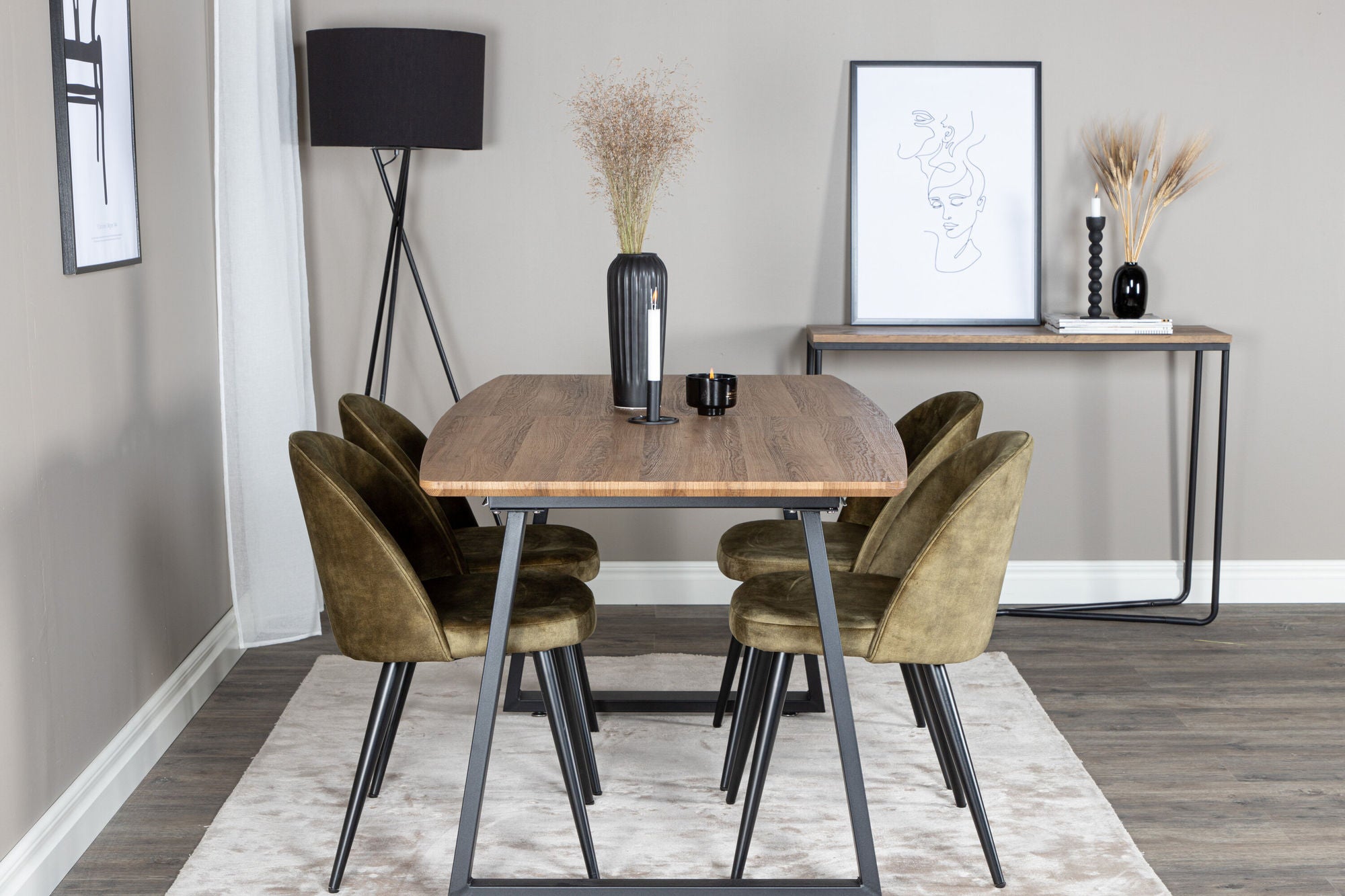 Venture Home Inca spisebord - 160/200*85*H75 - Oak / Black+Velvet Dining Chiar - Black legs - Dusty Green Velvet_4
