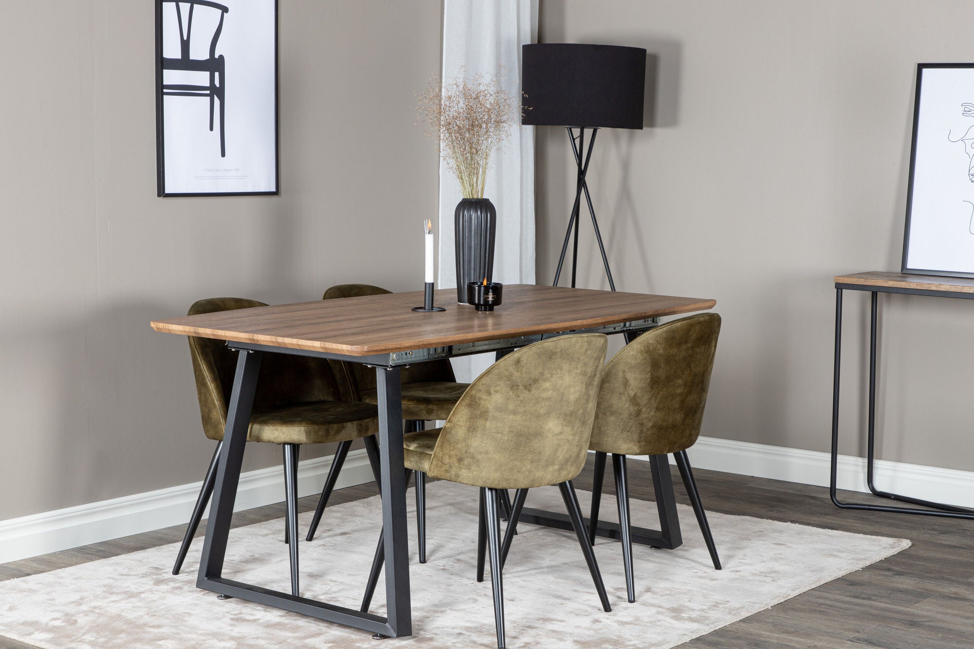 Venture Home Inca spisebord - 160/200*85*H75 - Oak / Black+Velvet Dining Chiar - Black legs - Dusty Green Velvet_4