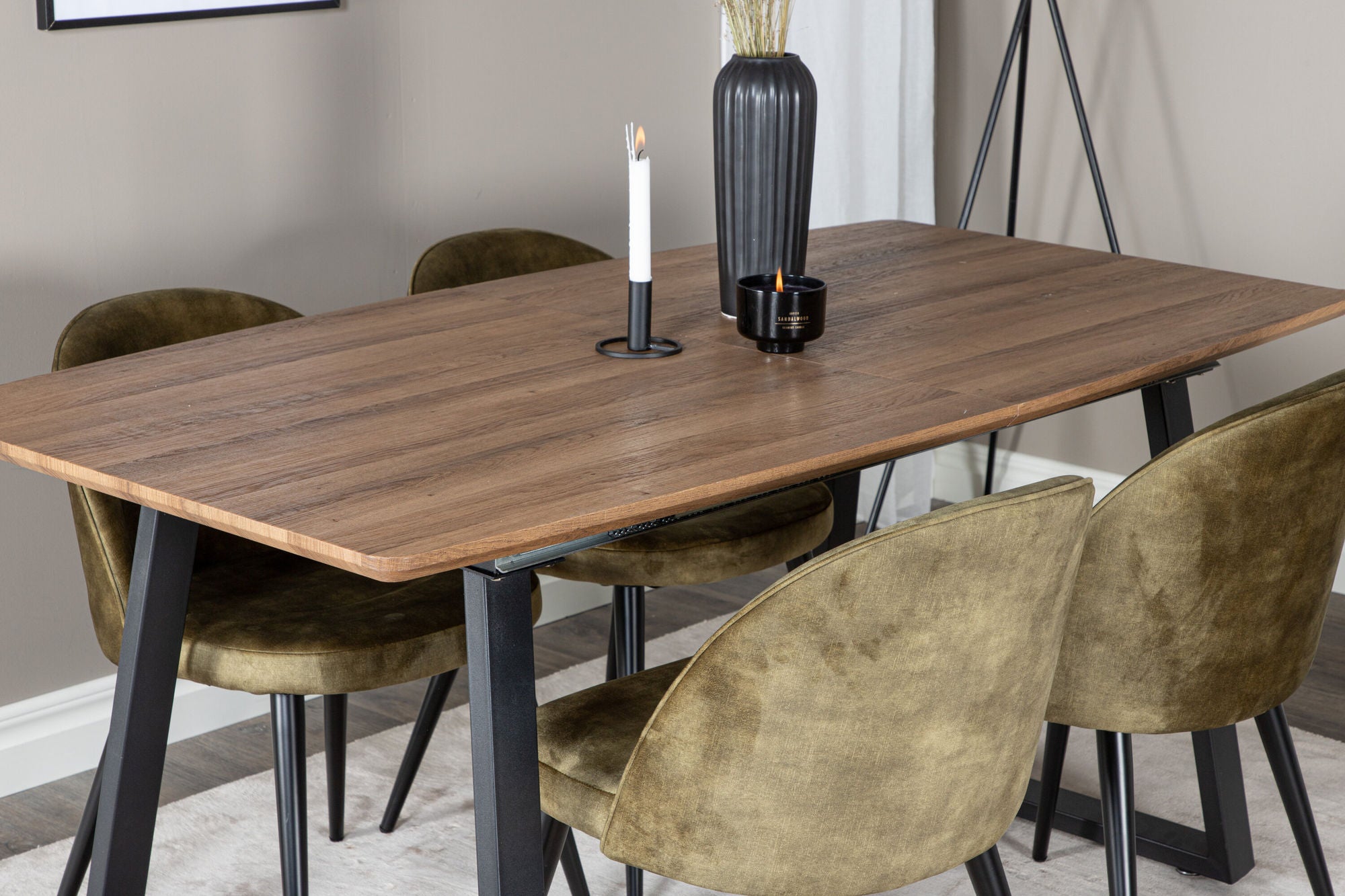 Venture Home Inca spisebord - 160/200*85*H75 - Oak / Black+Velvet Dining Chiar - Black legs - Dusty Green Velvet_4