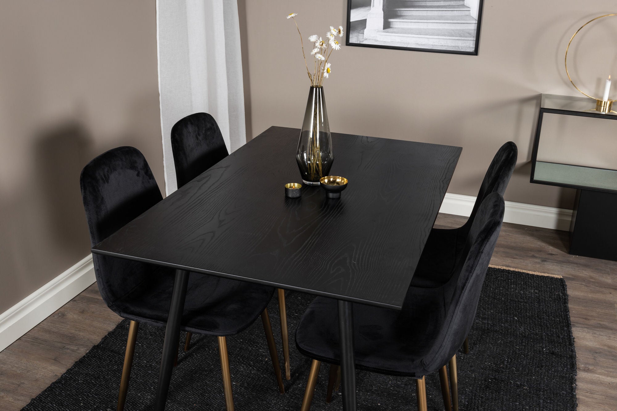 Venture Home Dipp spisebord - 120 cm - Black Veneer - Black Legs w. Brass dipp+Polar Spisebordsstol - Black / Brass_4