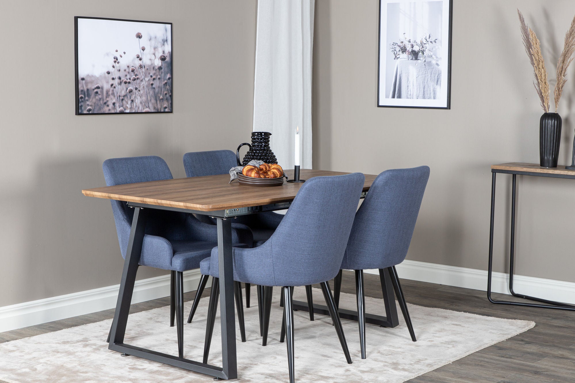 Venture Home Inca spisebord - 160/200*85*H75 - Oak / Black+Plaza Spisebordsstol - Black Legs - Blue Fabric_4