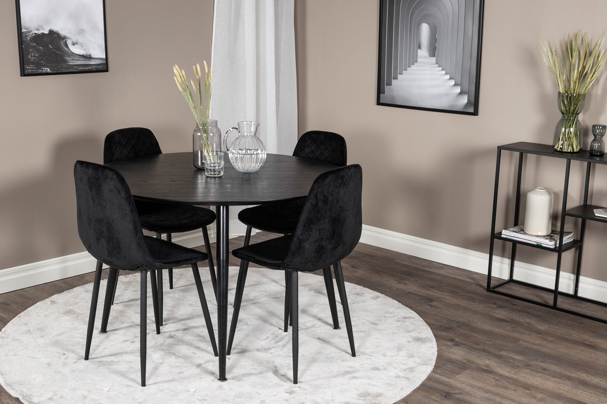 Venture Home Dipp spisebord - 115cm - Black Veneer / All black legs +Polar Diamond Spisebordsstol - Black Legs - Black Velvet_4