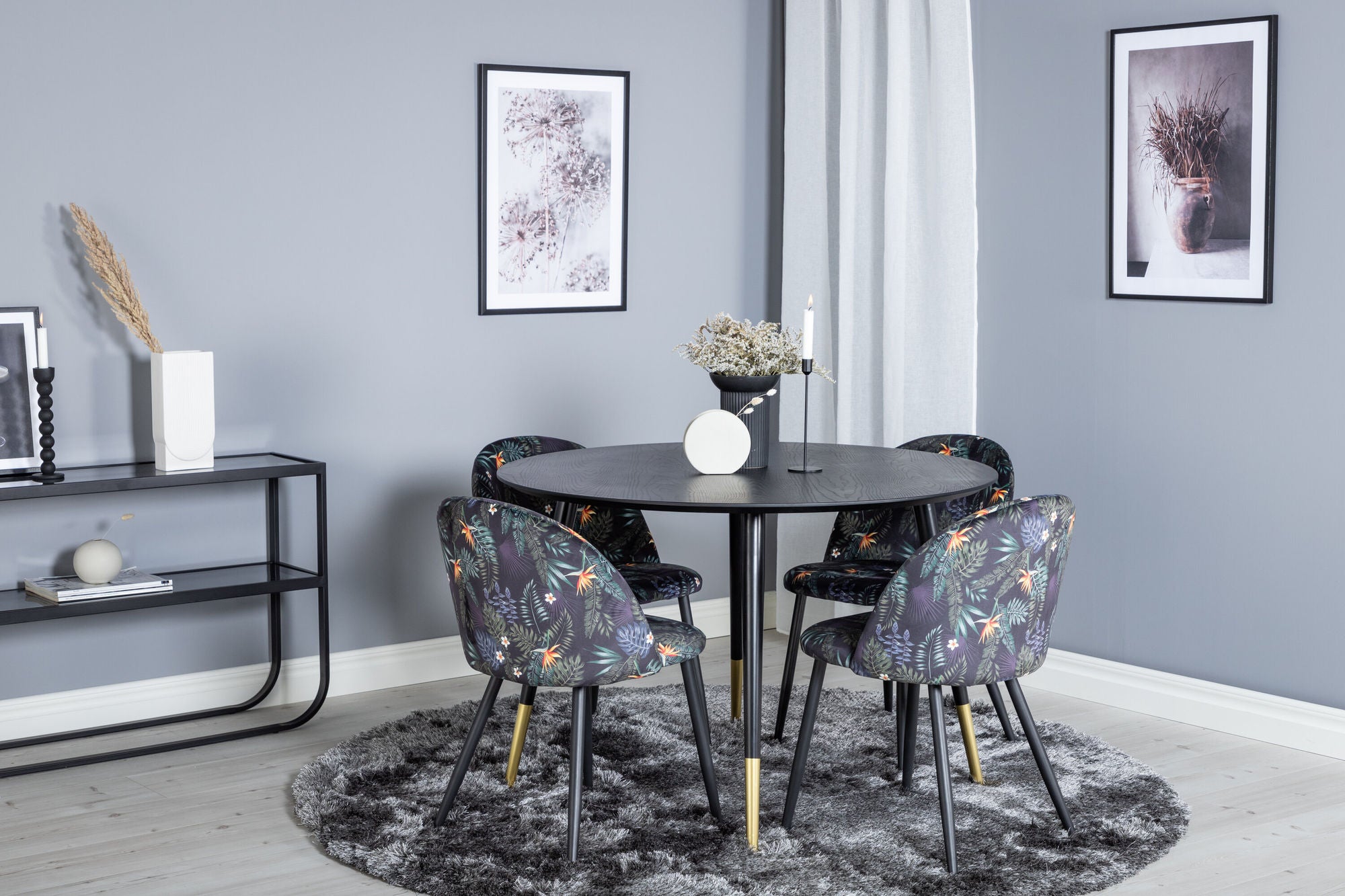 Venture Home Dipp spisebord - 115cm - Black / Black Brass+Velvet Spisebordsstol - Black Flower fabric_4