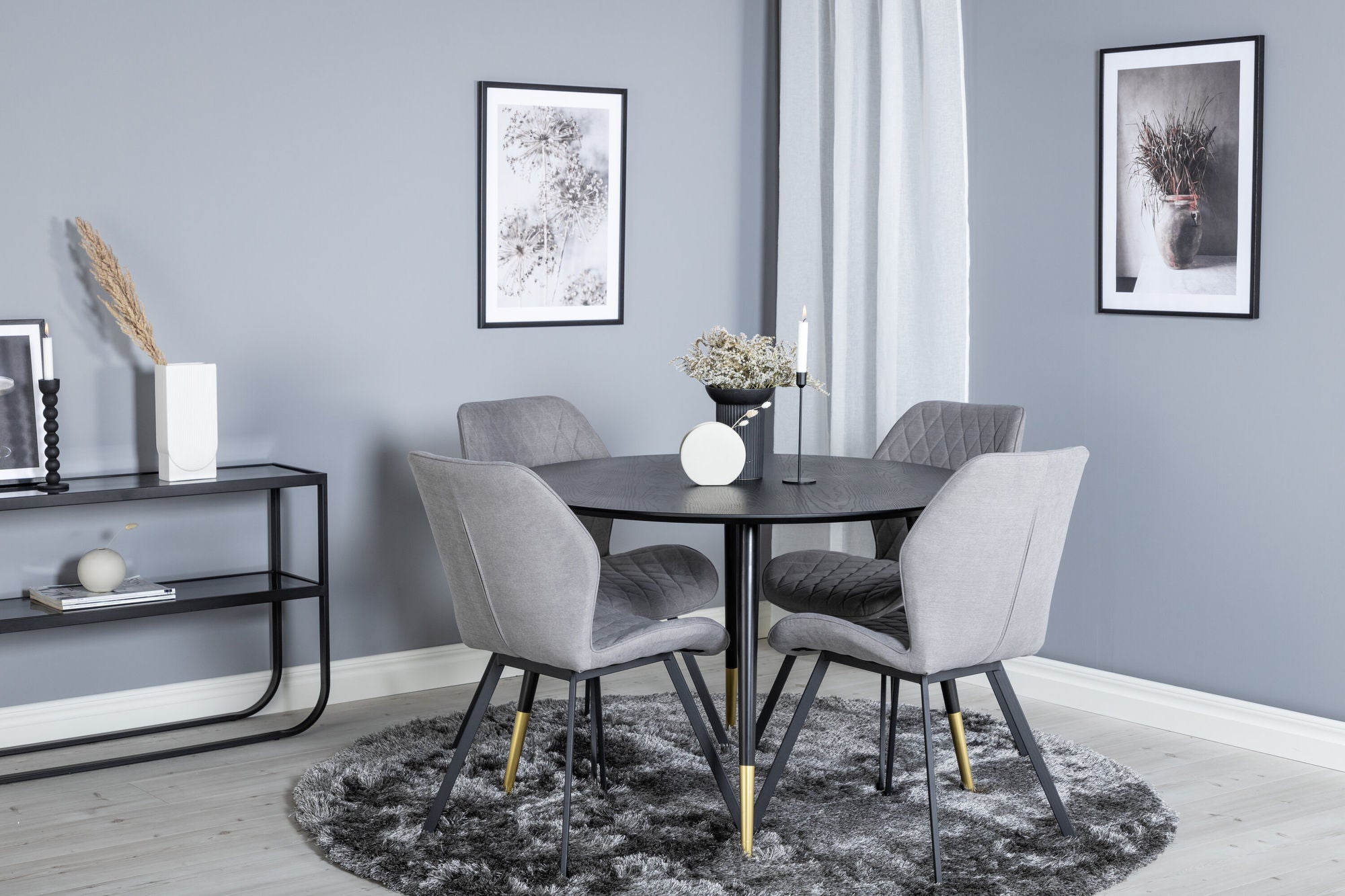 Venture Home Dipp spisebord - 115cm - Black / Black Brass+Gemma Spisebordsstol - Black Legs - Grey Fabric_4