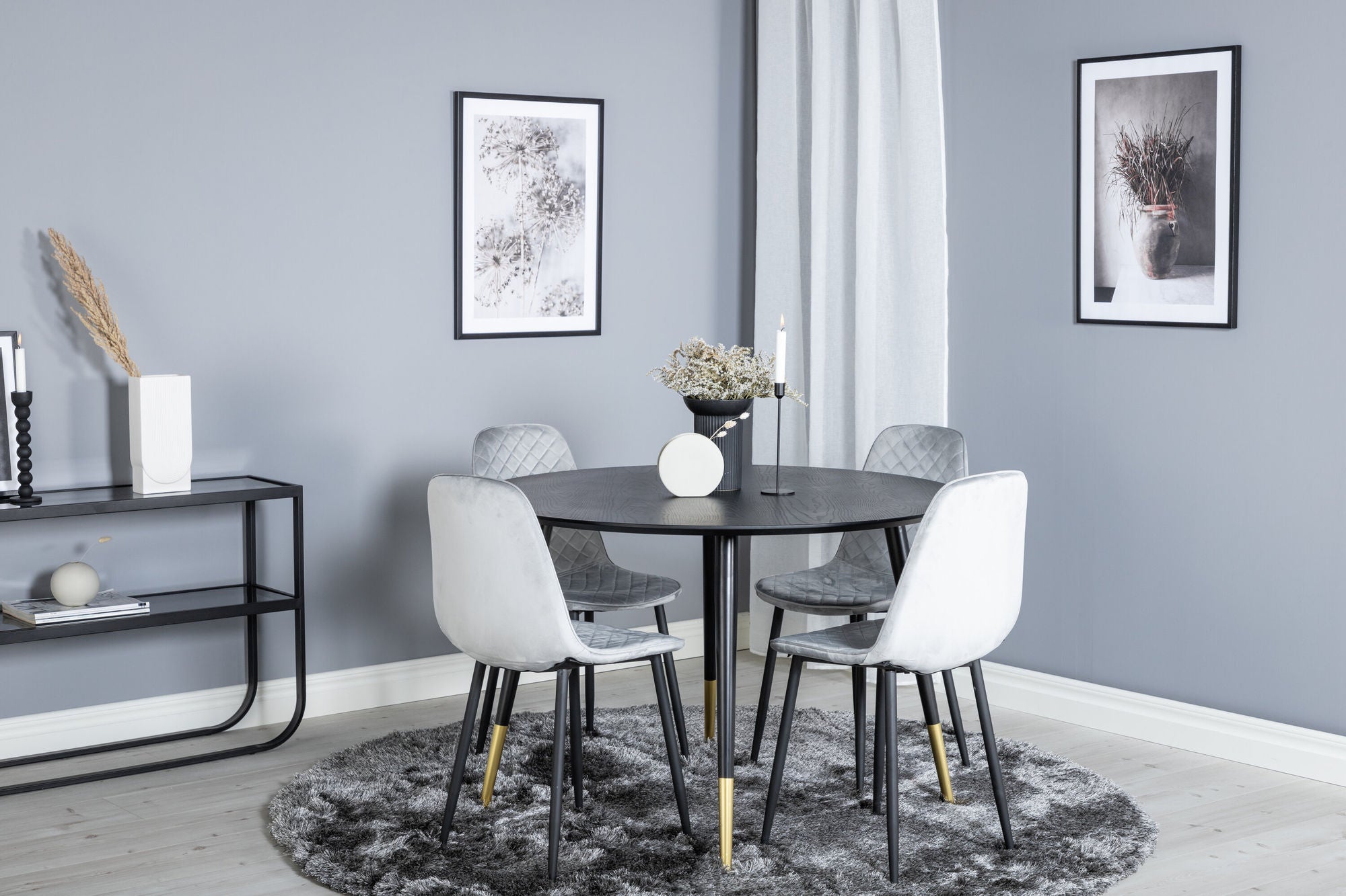 Venture Home Dipp spisebord - 115cm - Black / Black Brass+Polar Diamond Spisebordsstol - Black Legs - Grey Velvet_4