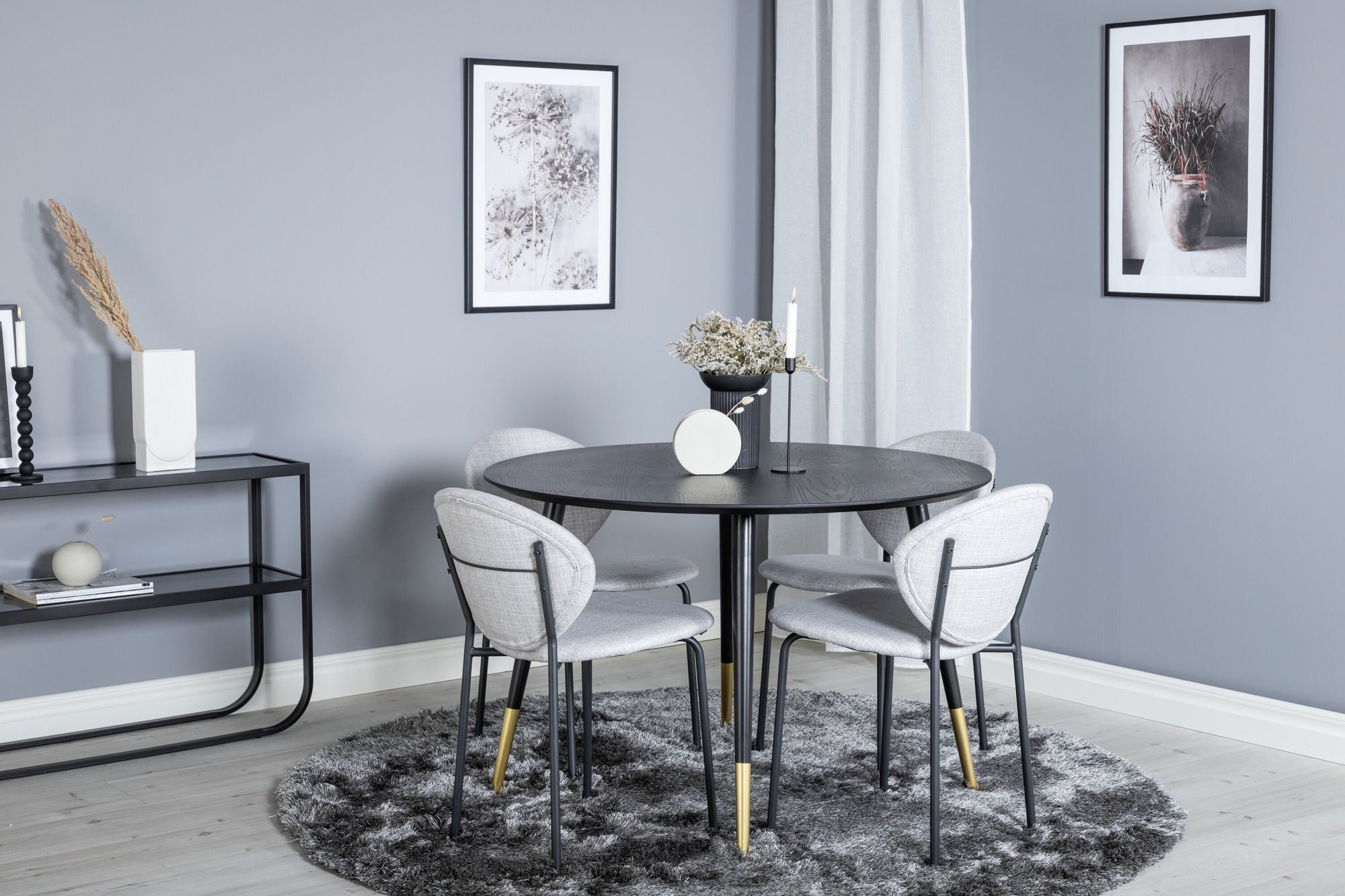 Venture Home Dipp spisebord - 115cm - Black / Black Brass+Vault Spisebordsstol - Black Legs - Grey Fabric_4
