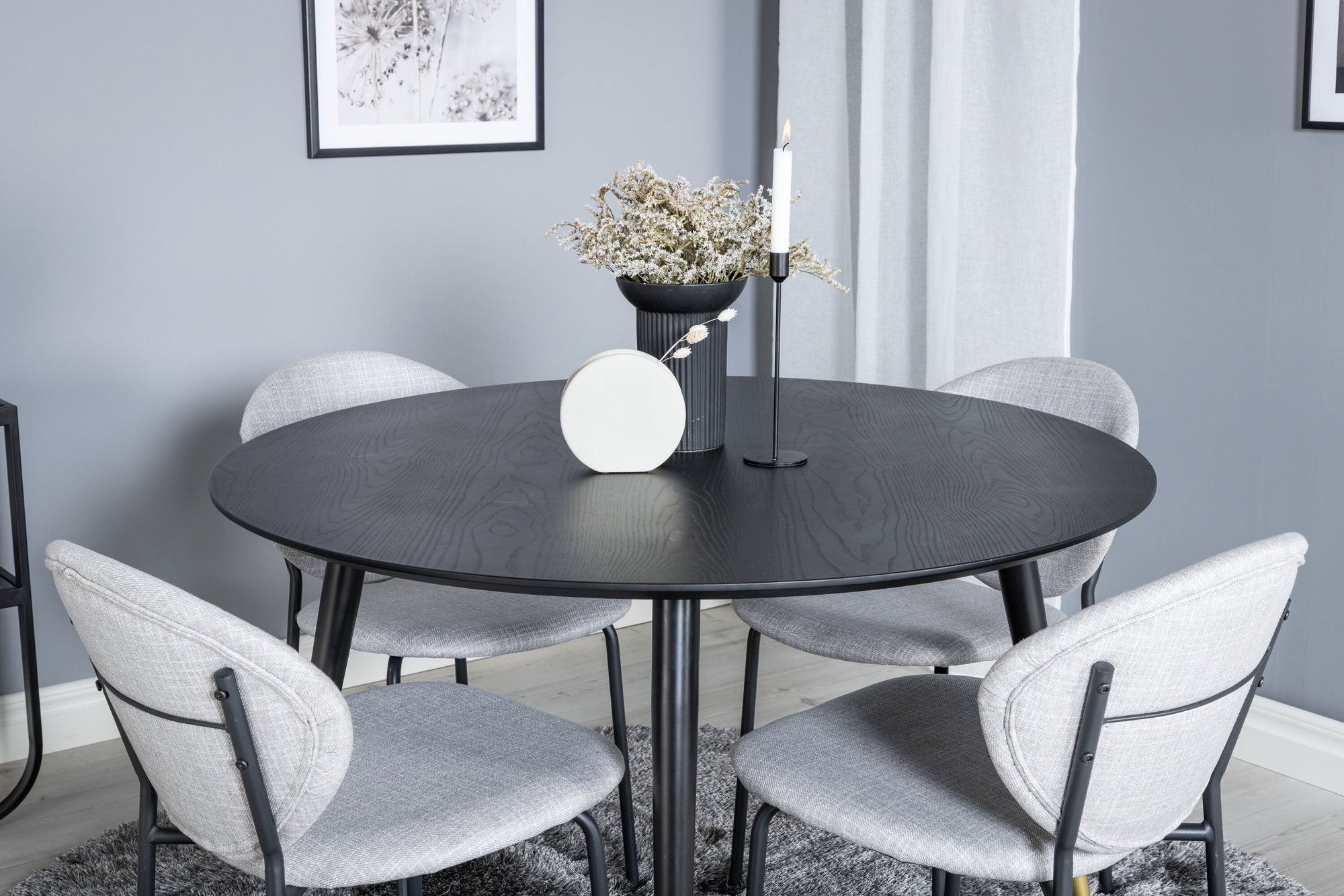 Venture Home Dipp spisebord - 115cm - Black / Black Brass+Vault Spisebordsstol - Black Legs - Grey Fabric_4