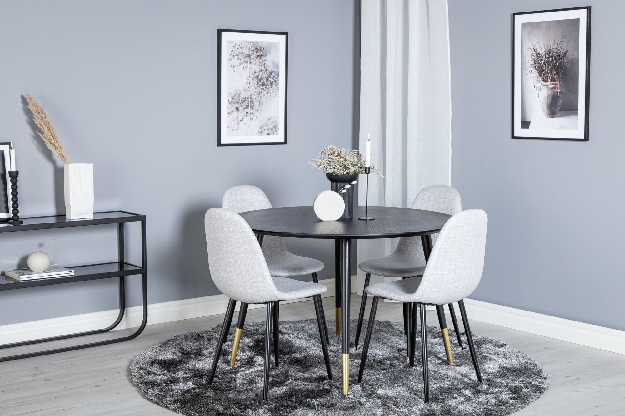 Venture Home Dipp spisebord - 115cm - Black / Black Brass+Polar Spisebordsstol - Black Legs - Light Grey Fabric_4