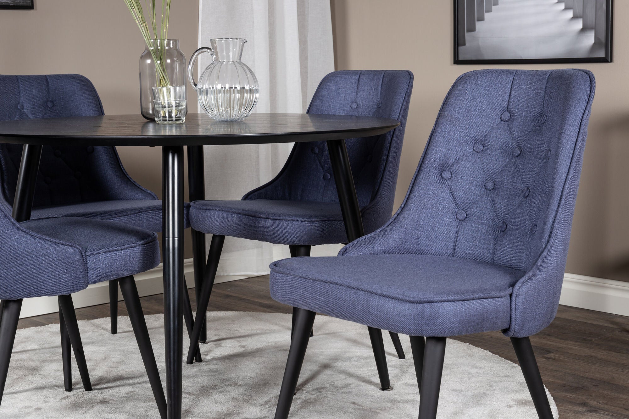 Venture Home Dipp spisebord - 115cm - Black Veneer / All black legs +Velvet Deluxe Spisebordsstol - Black Legs - Blue Fabric_4