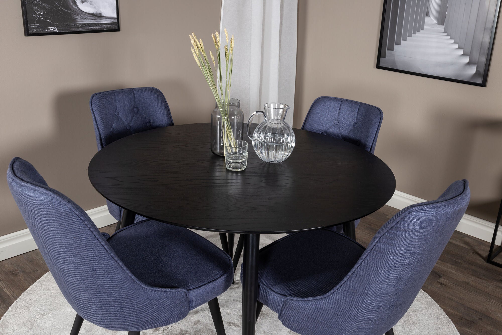 Venture Home Dipp spisebord - 115cm - Black Veneer / All black legs +Velvet Deluxe Spisebordsstol - Black Legs - Blue Fabric_4