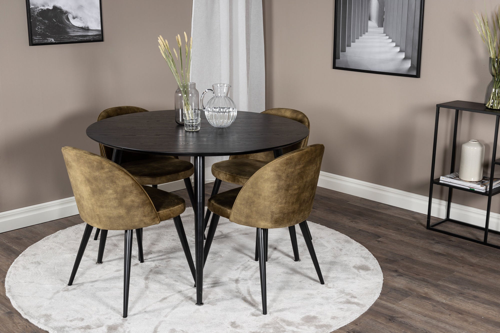 Venture Home Dipp spisebord - 115cm - Black Veneer / All black legs +Velvet Dining Chiar - Black legs - Dusty Green Velvet_4