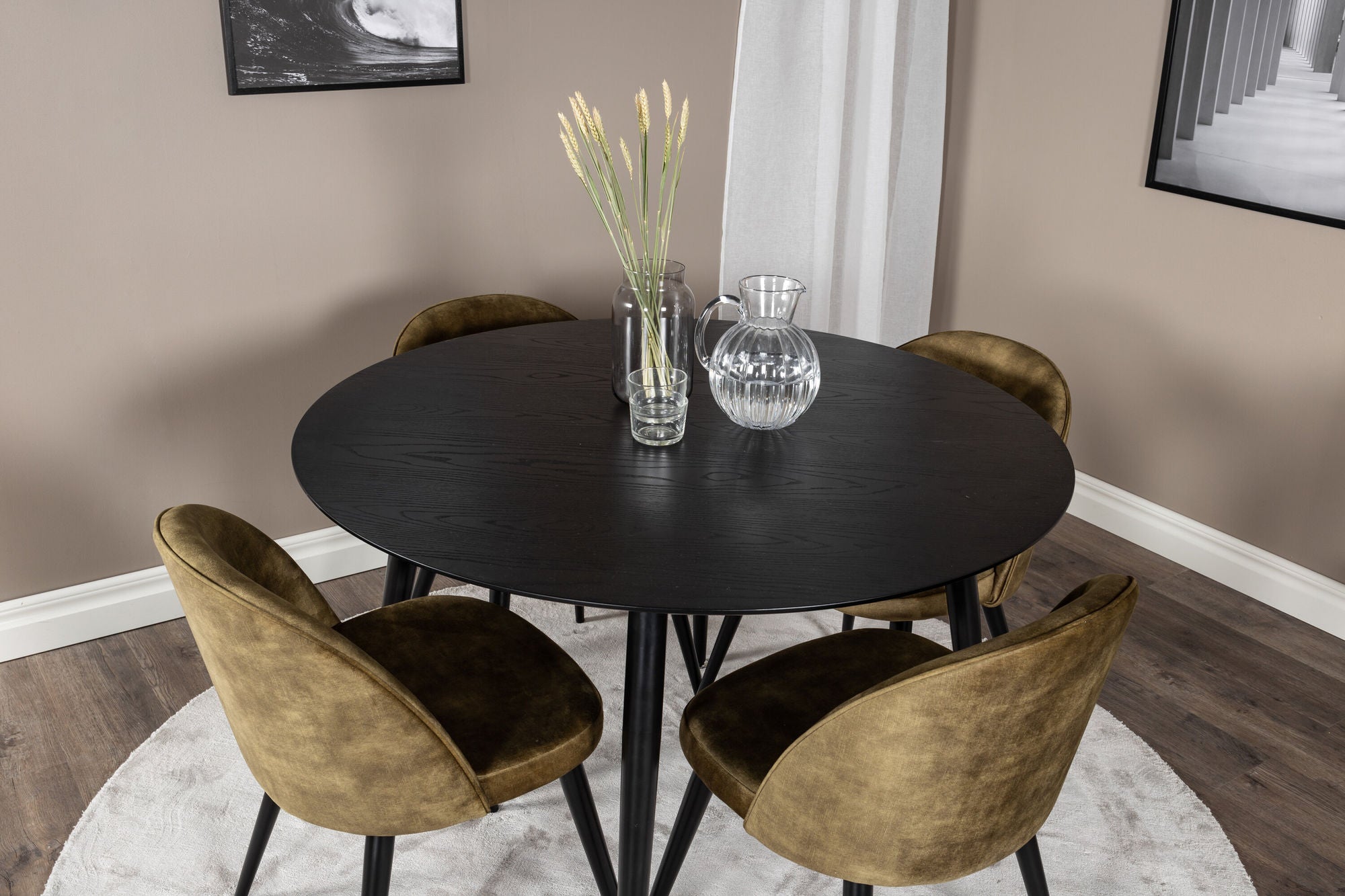 Venture Home Dipp spisebord - 115cm - Black Veneer / All black legs +Velvet Dining Chiar - Black legs - Dusty Green Velvet_4