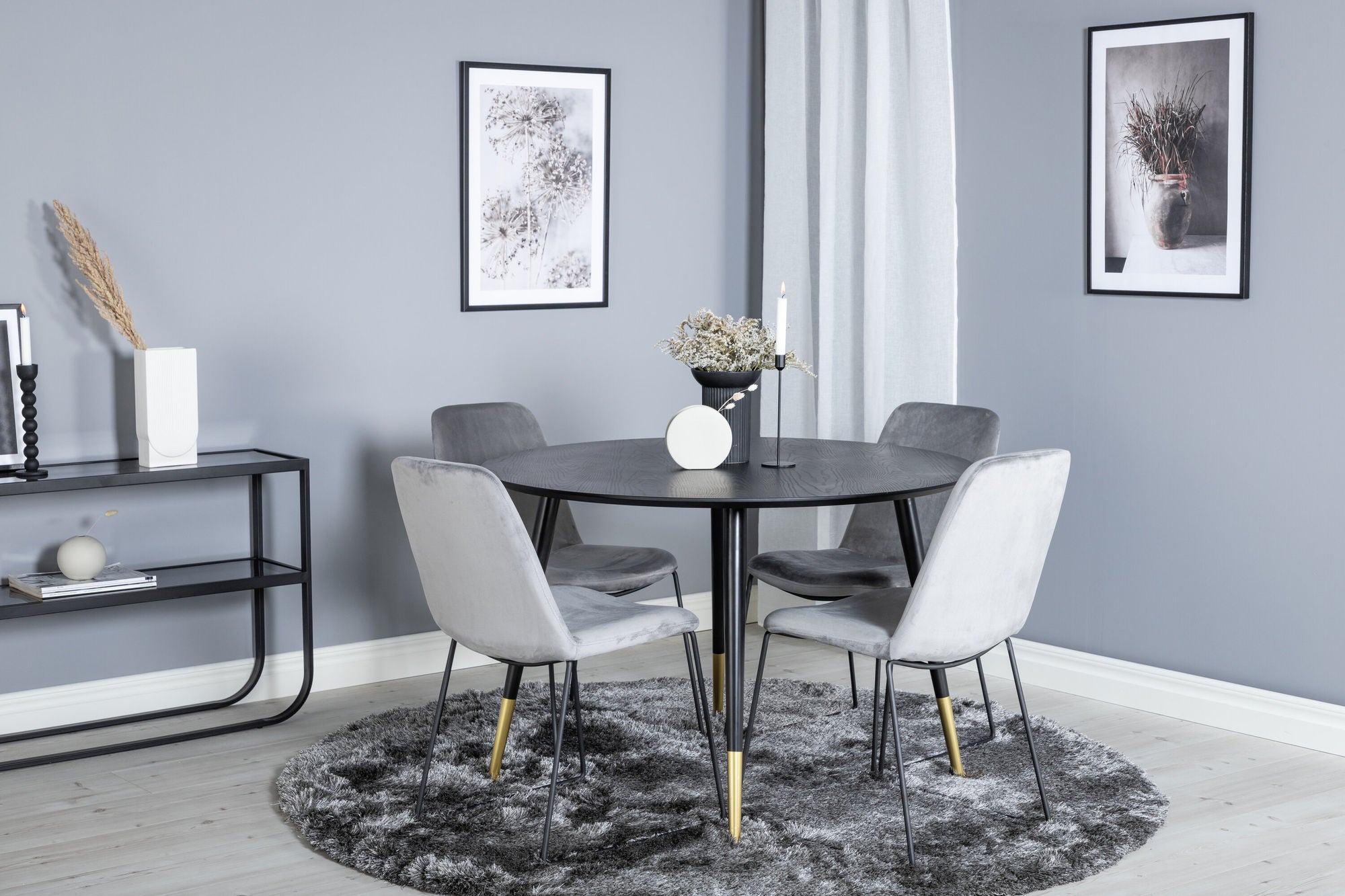 Venture Home Dipp spisebord - 115cm - Black / Black Brass+Muce Spisebordsstol - Black Legs - Grey Velvet_4