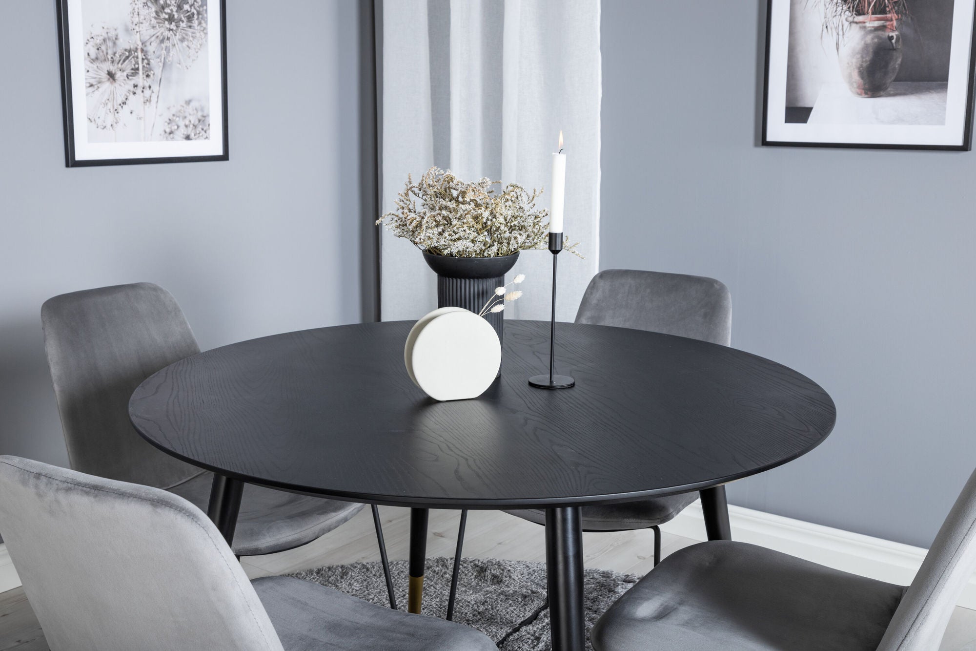 Venture Home Dipp spisebord - 115cm - Black / Black Brass+Muce Spisebordsstol - Black Legs - Grey Velvet_4