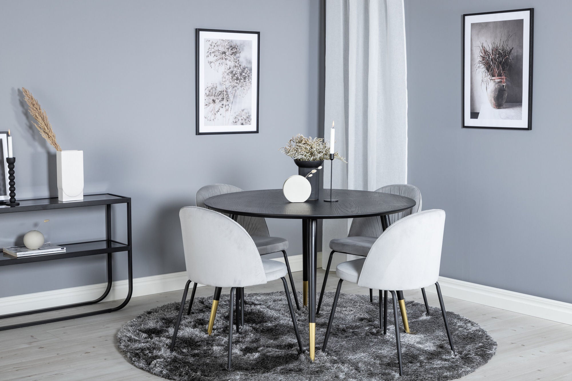 Venture Home Dipp spisebord - 115cm - Black / Black Brass+Wrinkles Spisebordsstol - Black Legs - Grey Velvet_4