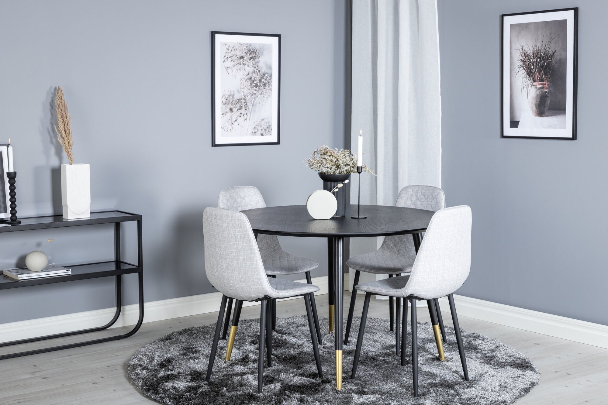 Venture Home Dipp spisebord - 115cm - Black / Black Brass+Polar Diamond Spisebordsstol - Black Legs - Grey Fabric_4