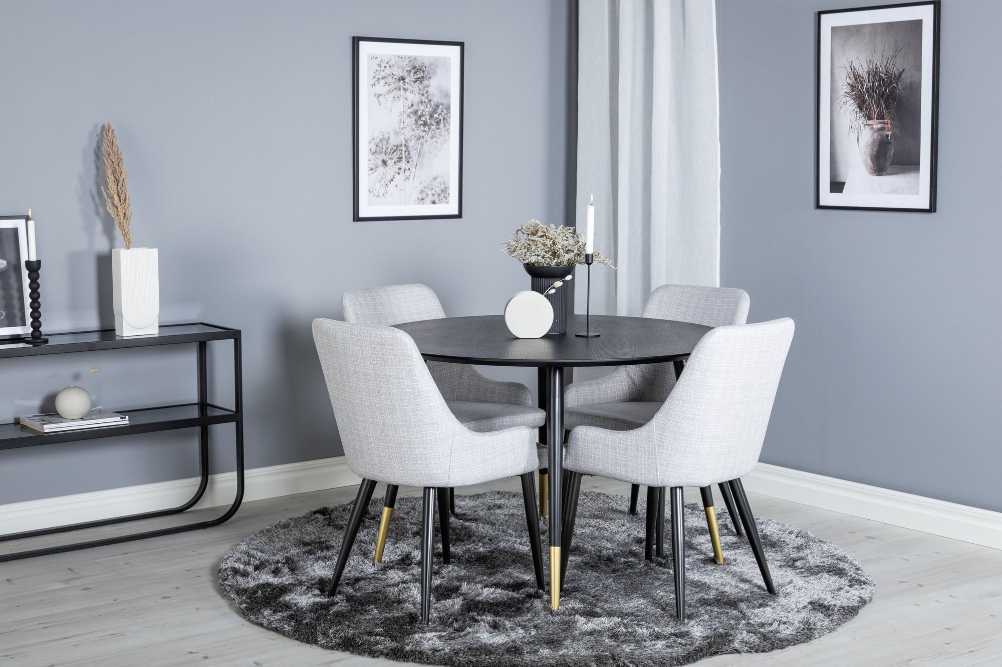 Venture Home Dipp spisebord - 115cm - Black / Black Brass+Plaza Dining chair - Black legs - Light Grey Fabric_4