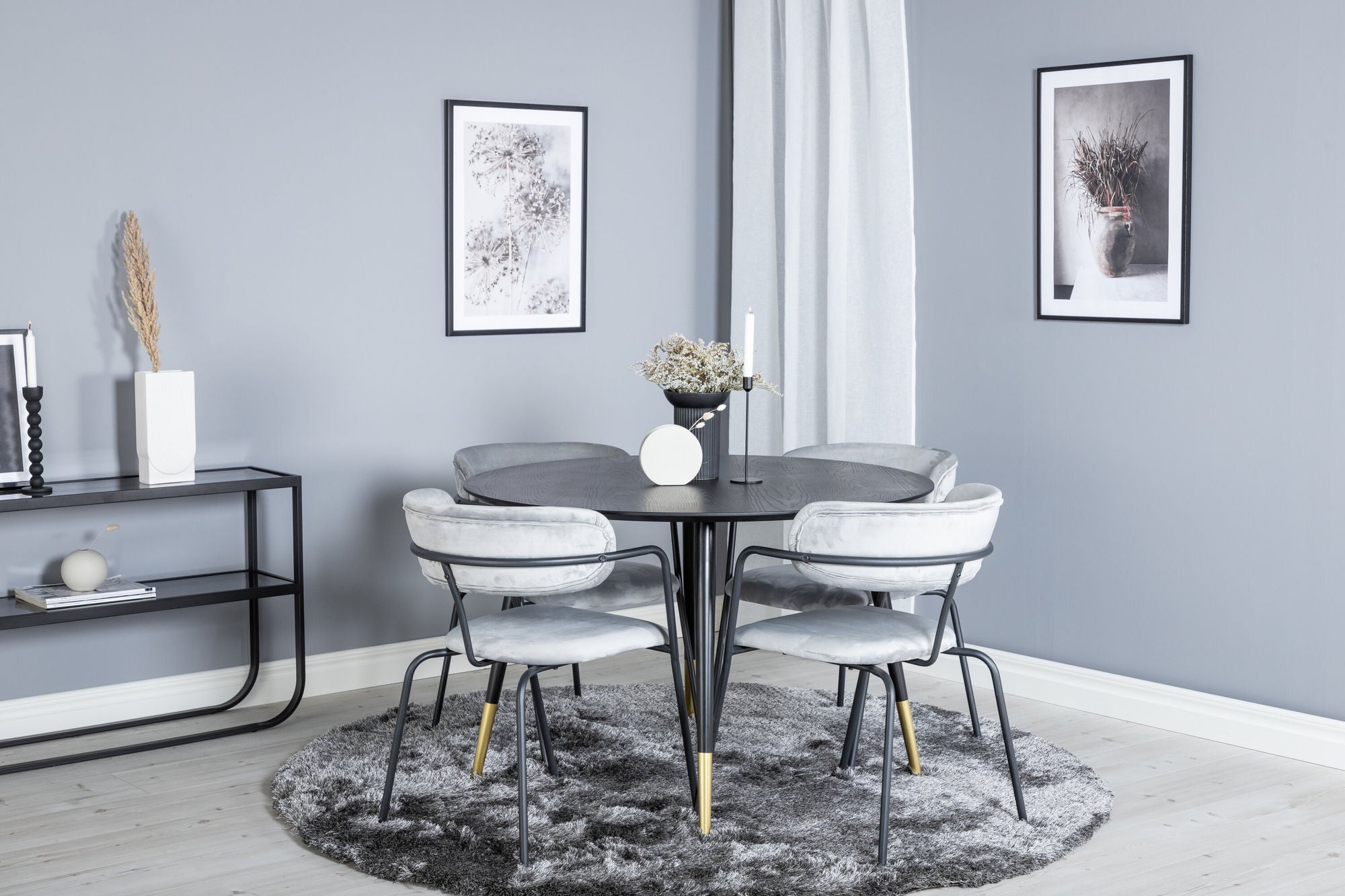 Venture Home Dipp spisebord - 115cm - Black / Black Brass+Arrow armchair - Black Legs - Grey Velvet_4