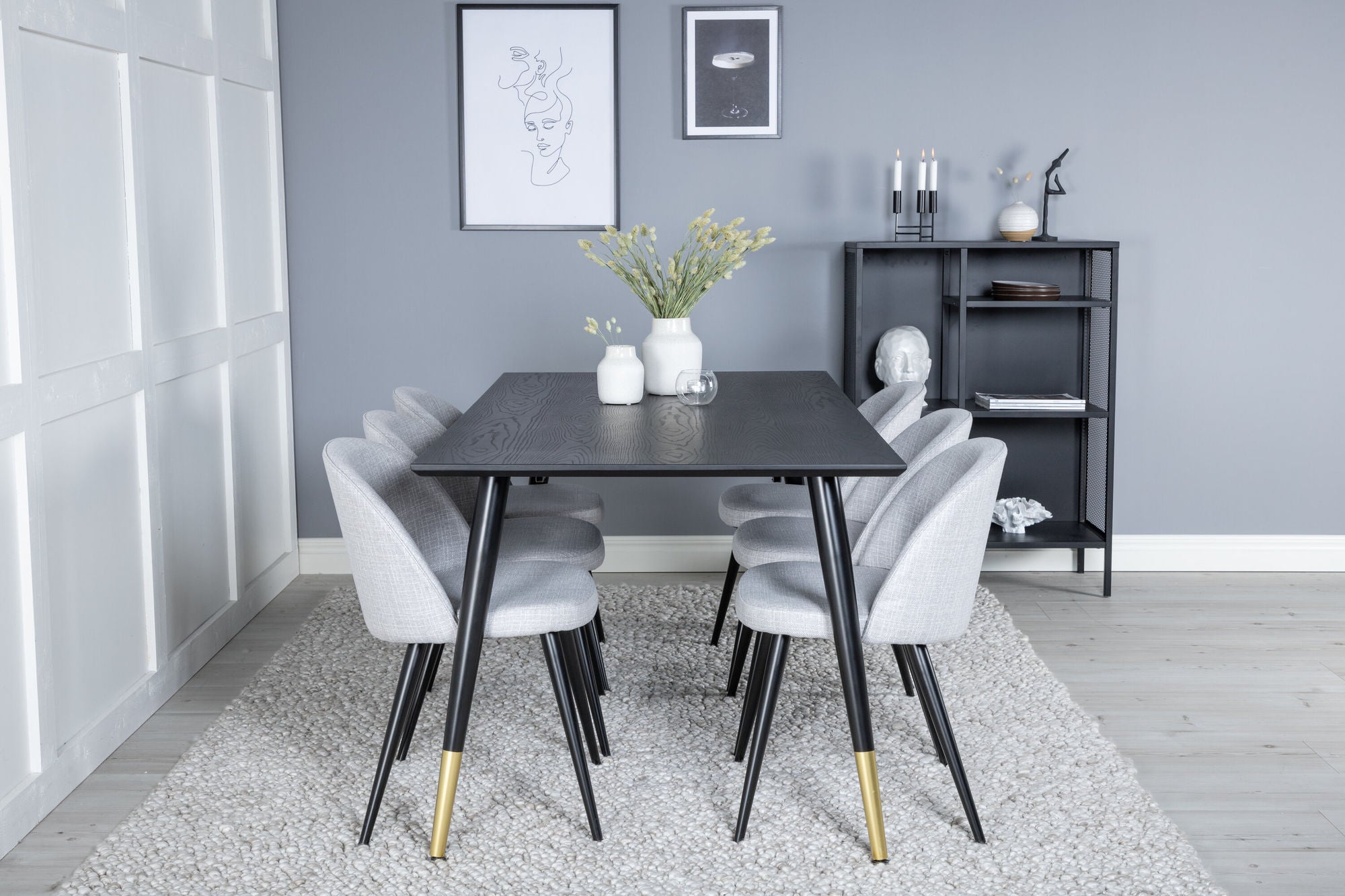 Venture Home Dipp spisebord - 180*90cm - Black / Black Brass+Velvet Dining Chiar - Black legs - Light GreyFabric_6