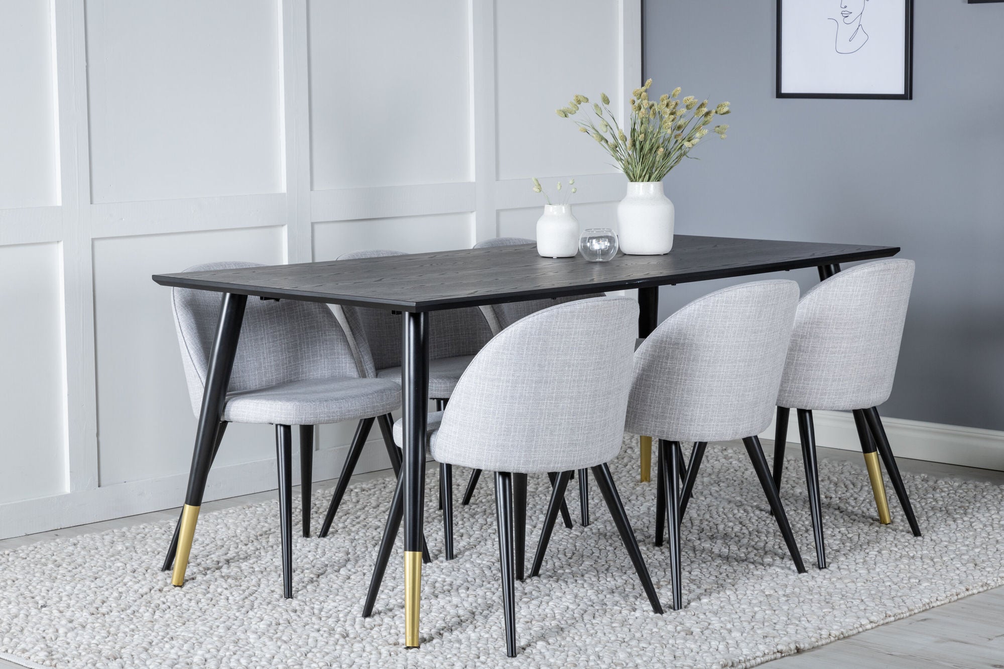 Venture Home Dipp spisebord - 180*90cm - Black / Black Brass+Velvet Dining Chiar - Black legs - Light GreyFabric_6