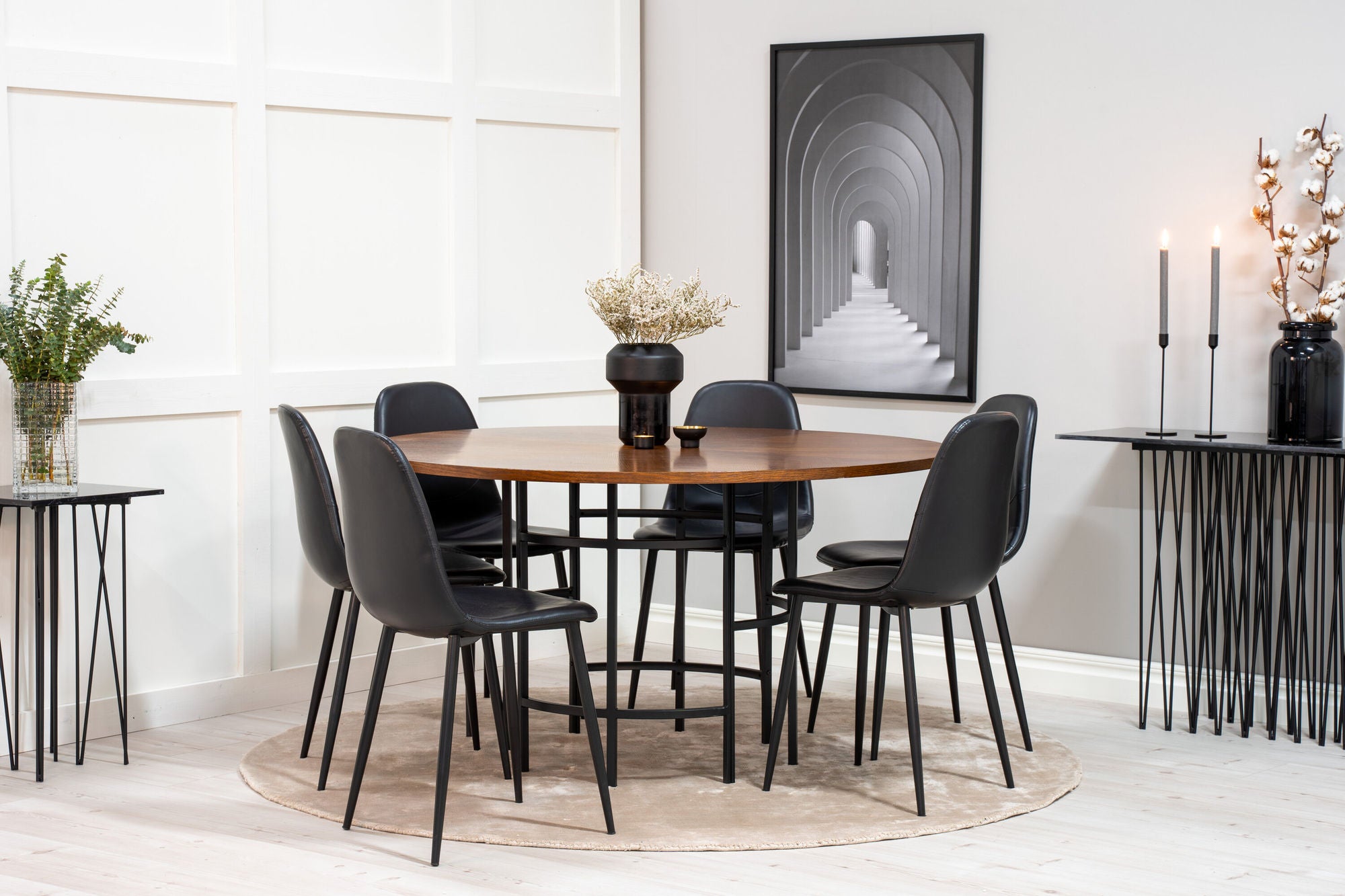 Venture Home Copenhagen - spisebord round - Brown / Black+Polar Matstol - Svart / Svart PU _6