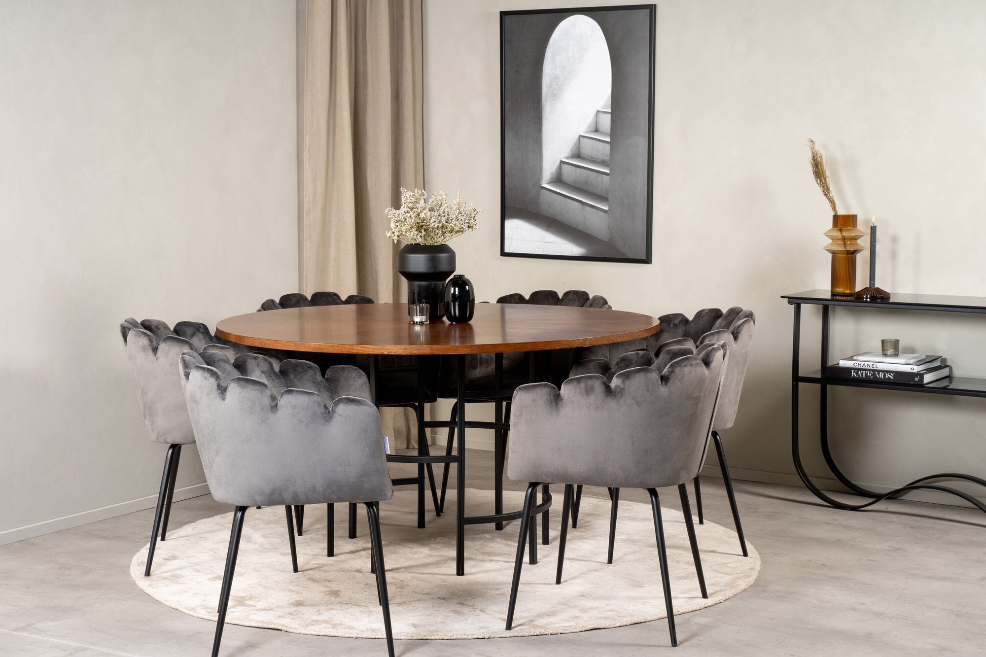 Venture Home Copenhagen - spisebord round - Brown / Black+Limhamn - stol - Grey Velvet_6