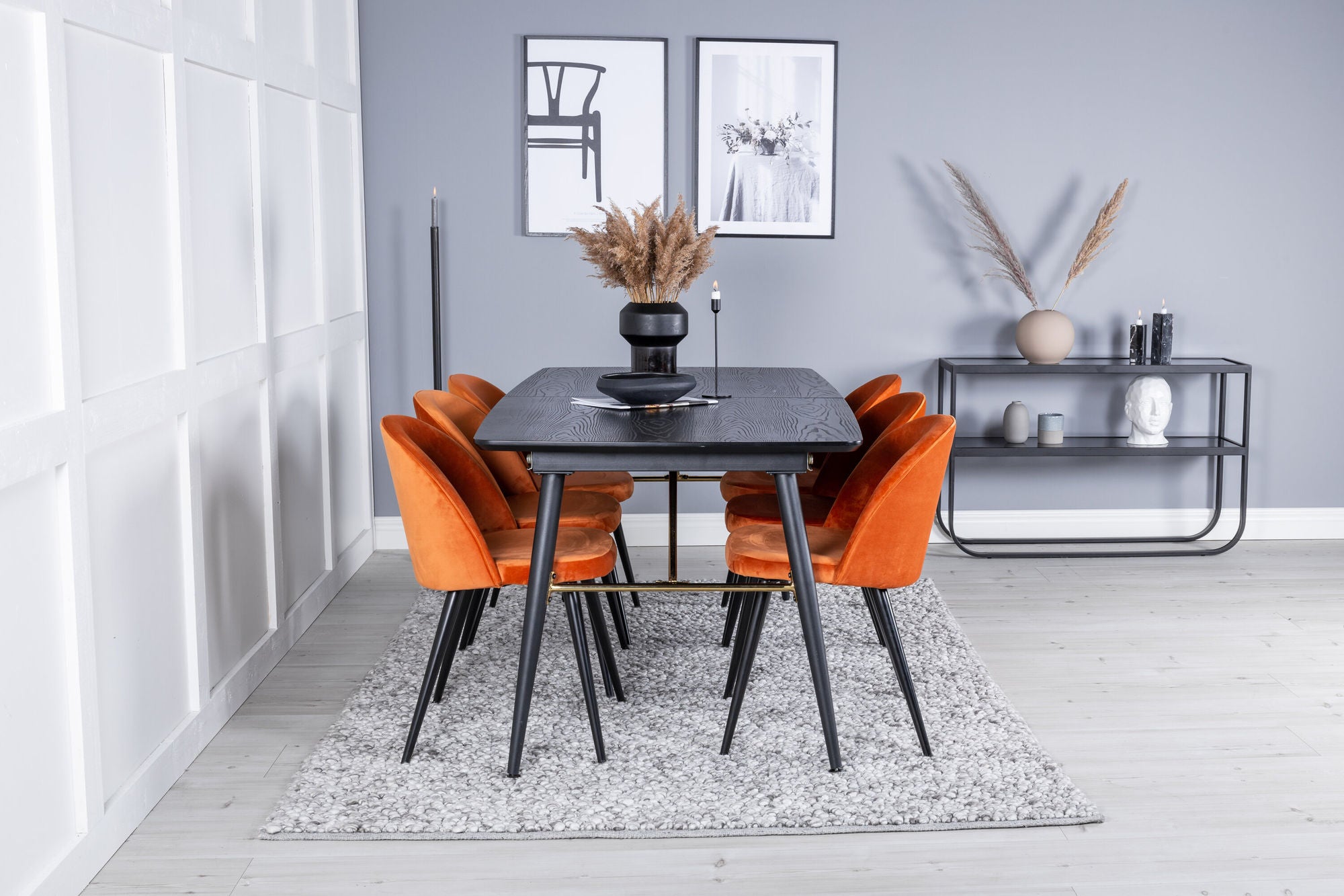Venture Home Gold Extention bord - 180/220*85*H76 Black Veneer - Black legs - Brass details+Velvet Spisebordsstol - Orange / Black_6