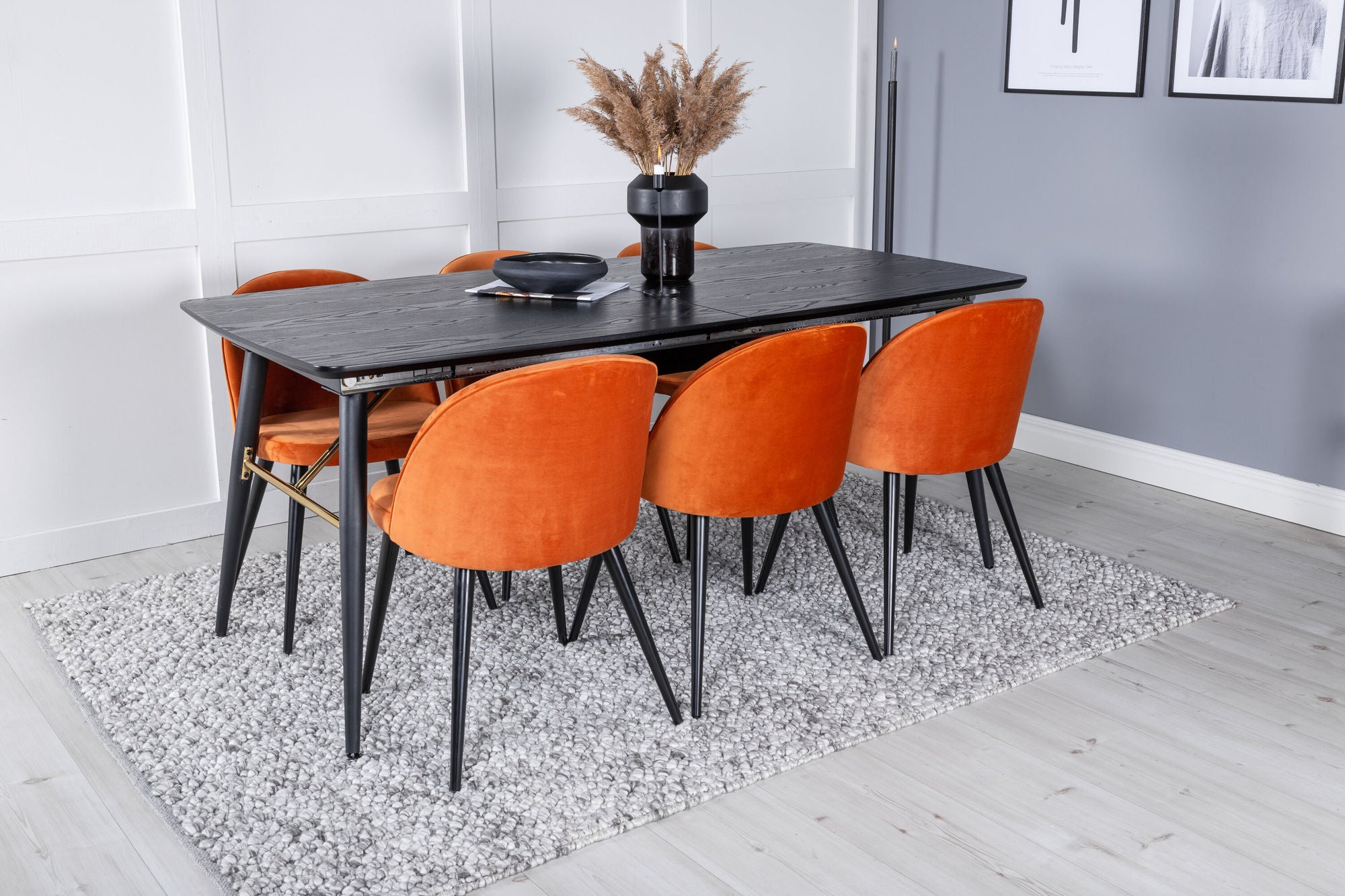 Venture Home Gold Extention bord - 180/220*85*H76 Black Veneer - Black legs - Brass details+Velvet Spisebordsstol - Orange / Black_6