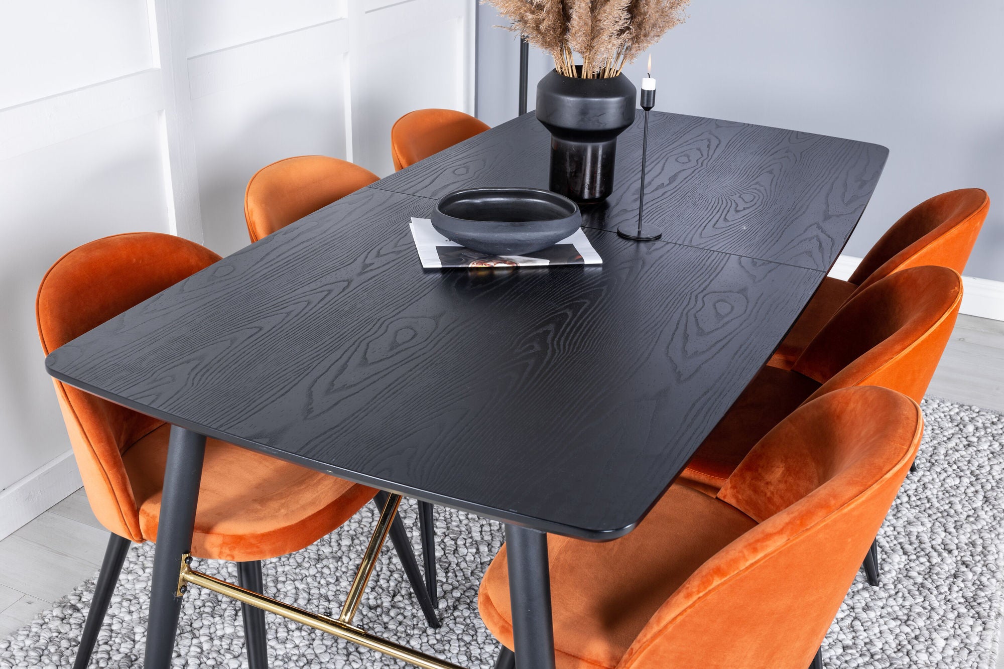 Venture Home Gold Extention bord - 180/220*85*H76 Black Veneer - Black legs - Brass details+Velvet Spisebordsstol - Orange / Black_6