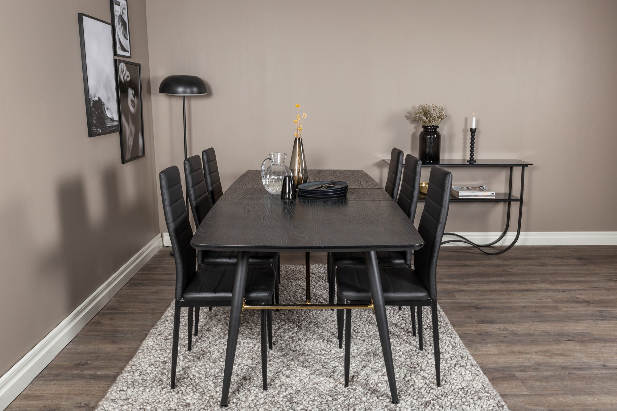 Venture Home Gold Extention bord - 180/220*85*H76 Black Veneer - Black legs - Brass details+Slim High Back Spisebordsstol - Black Legs - Black PU_6