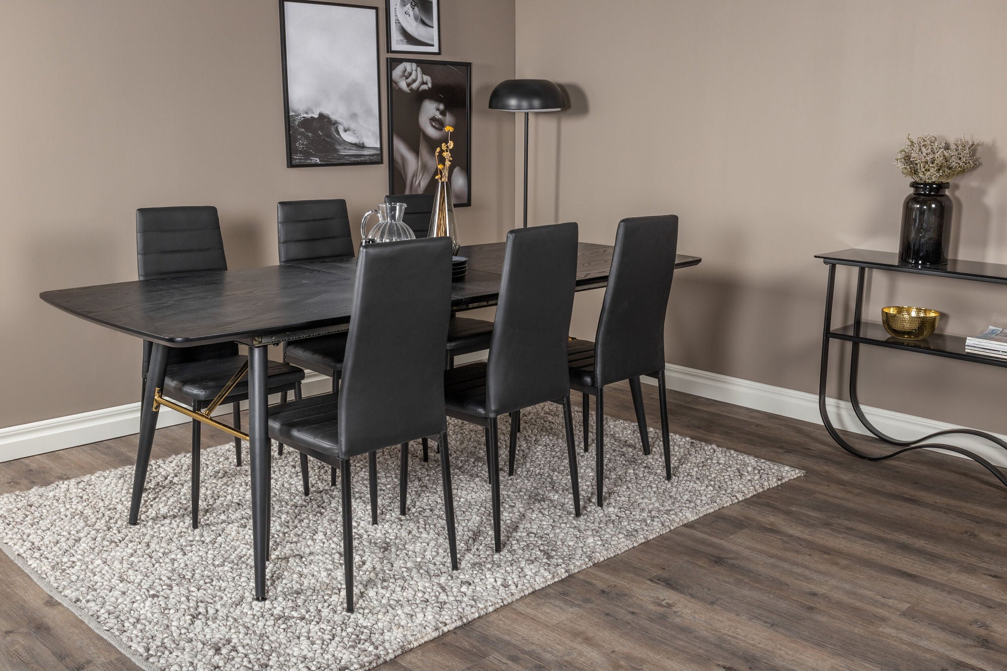 Venture Home Gold Extention bord - 180/220*85*H76 Black Veneer - Black legs - Brass details+Slim High Back Spisebordsstol - Black Legs - Black PU_6