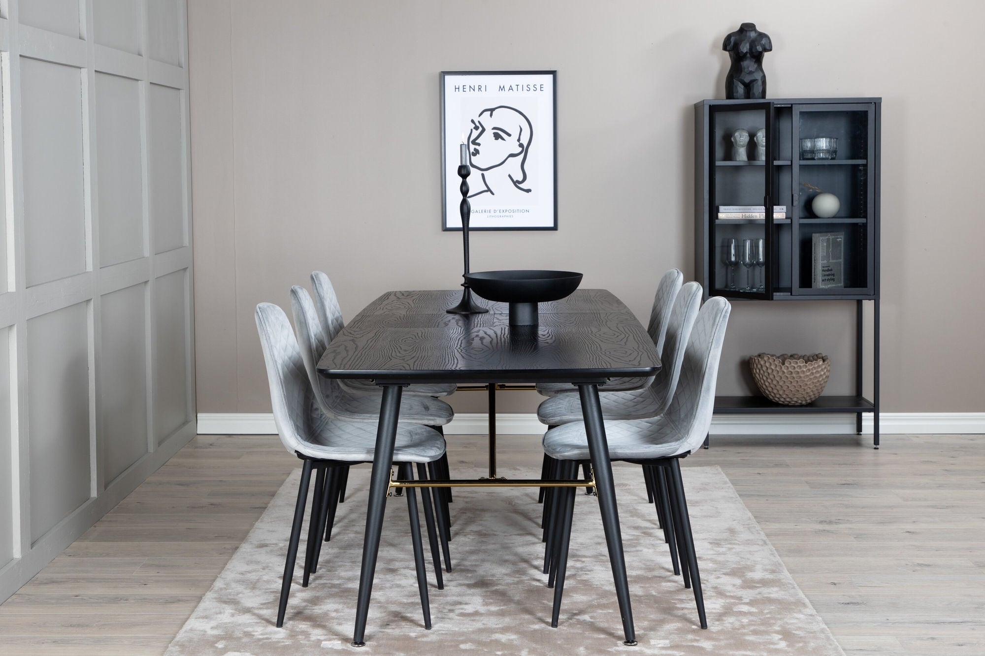 Venture Home Gold Extention bord - 180/220*85*H76 Black Veneer - Black legs - Brass details+Polar Diamond Spisebordsstol - Black Legs - Grey Velvet_6