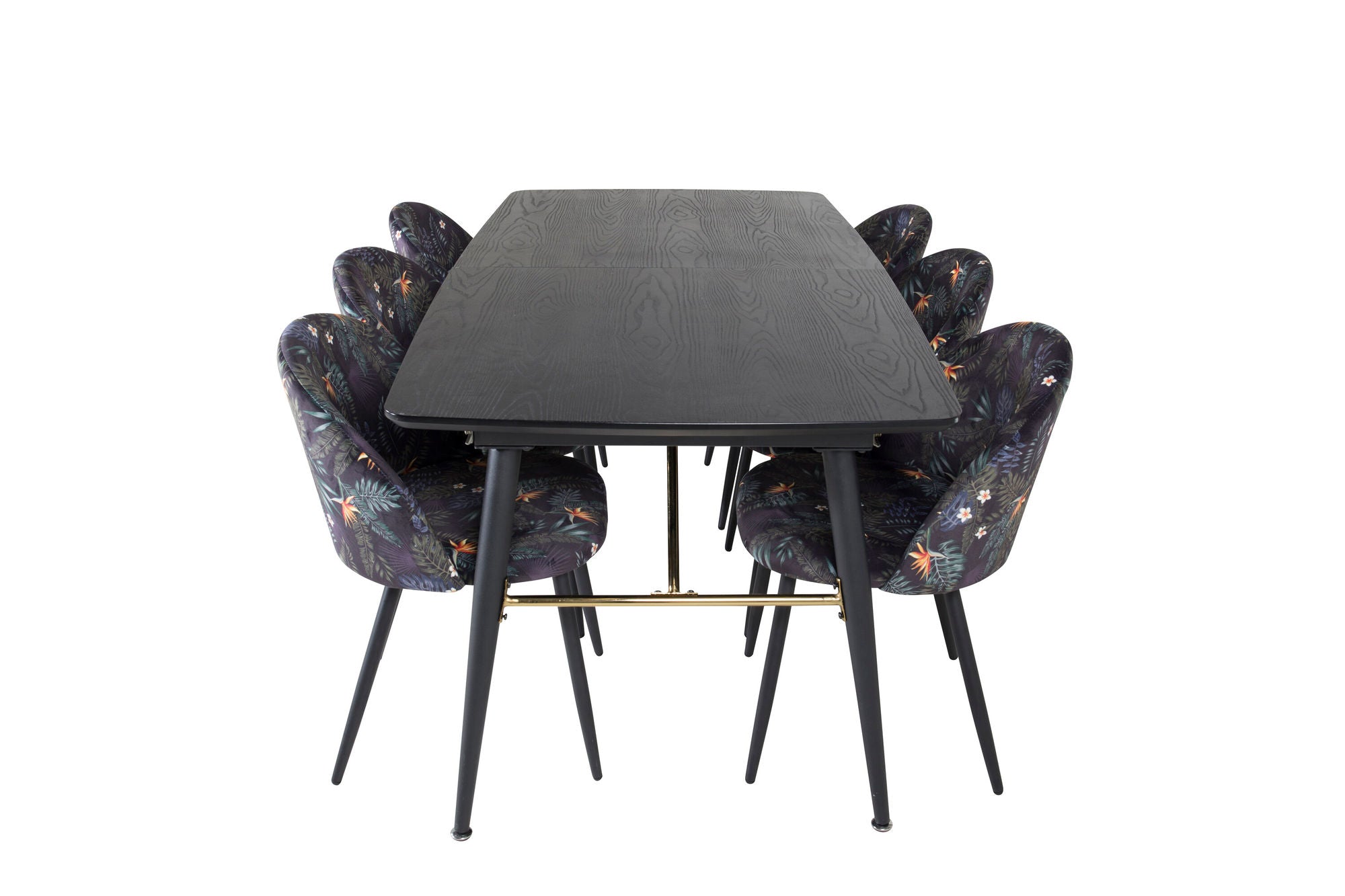 Venture Home Gold Extention bord - 180/220*85*H76 Black Veneer - Black legs - Brass details+Velvet Spisebordsstol - Black Flower fabric_6