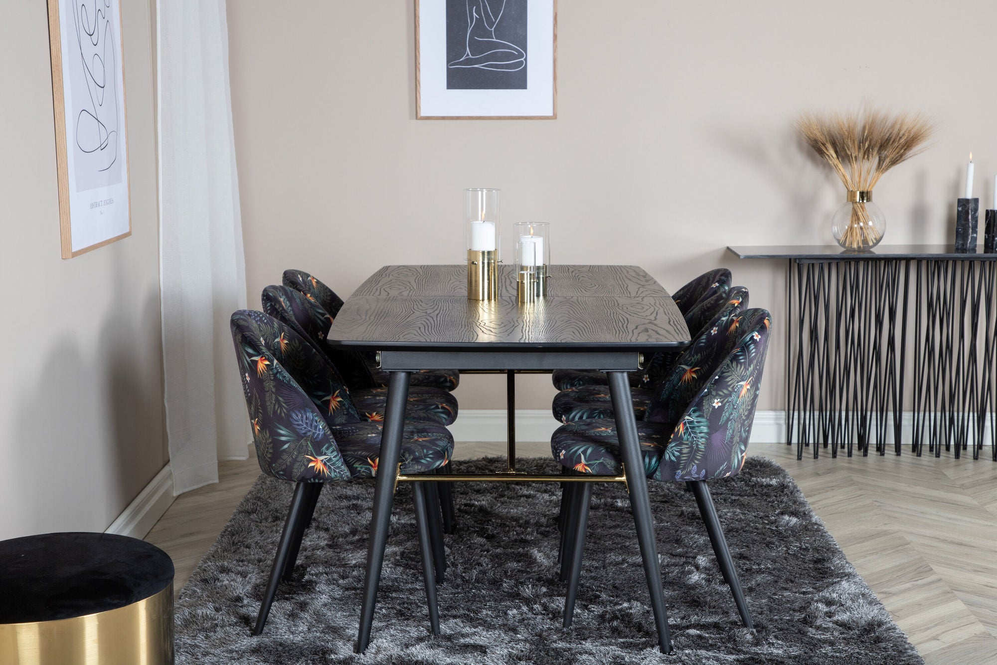 Venture Home Gold Extention bord - 180/220*85*H76 Black Veneer - Black legs - Brass details+Velvet Spisebordsstol - Black Flower fabric_6