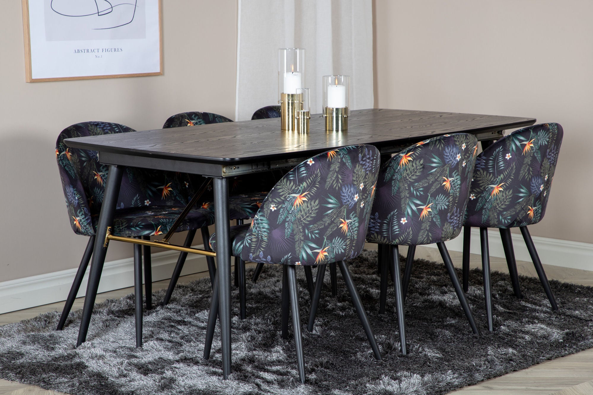 Venture Home Gold Extention bord - 180/220*85*H76 Black Veneer - Black legs - Brass details+Velvet Spisebordsstol - Black Flower fabric_6