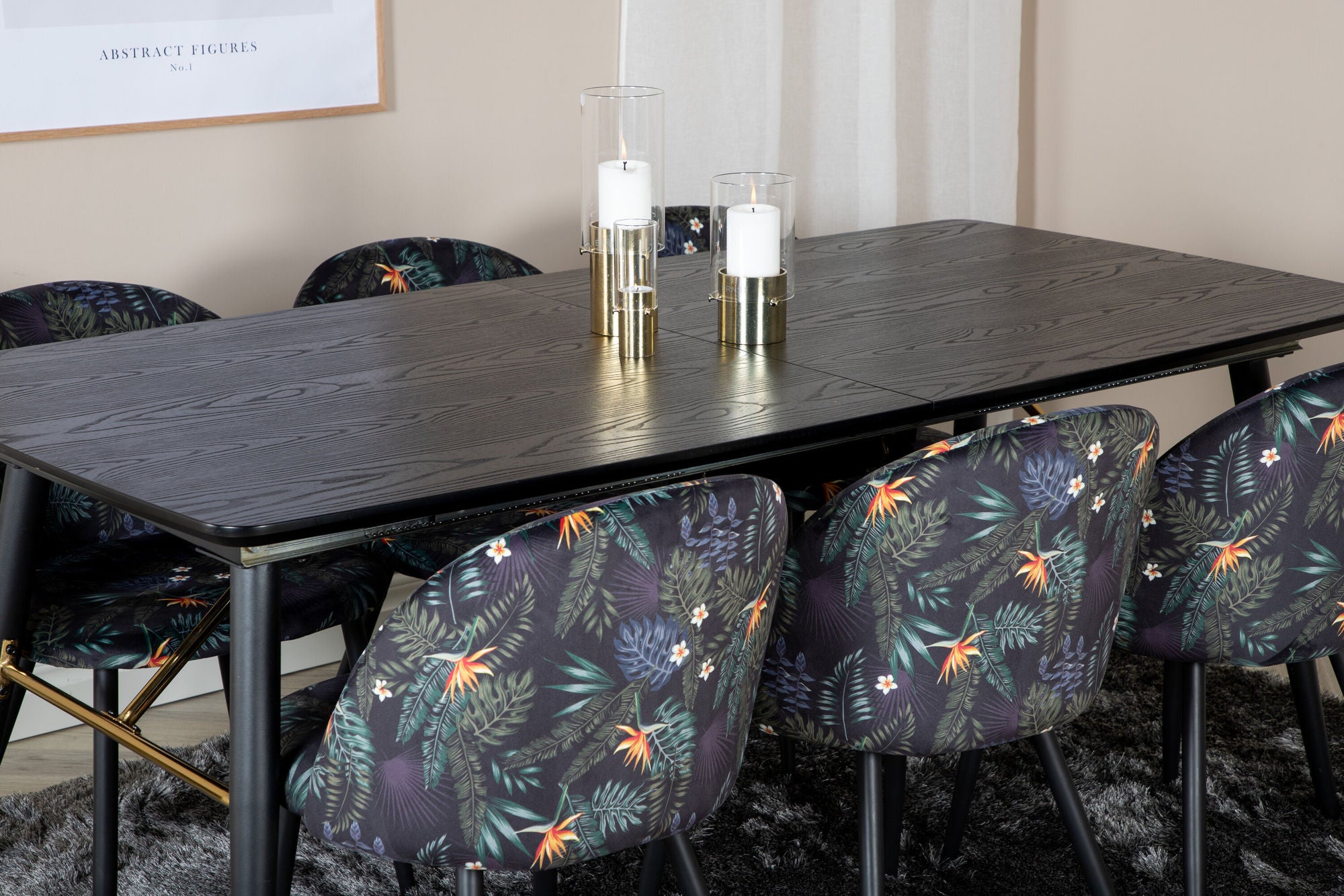 Venture Home Gold Extention bord - 180/220*85*H76 Black Veneer - Black legs - Brass details+Velvet Spisebordsstol - Black Flower fabric_6
