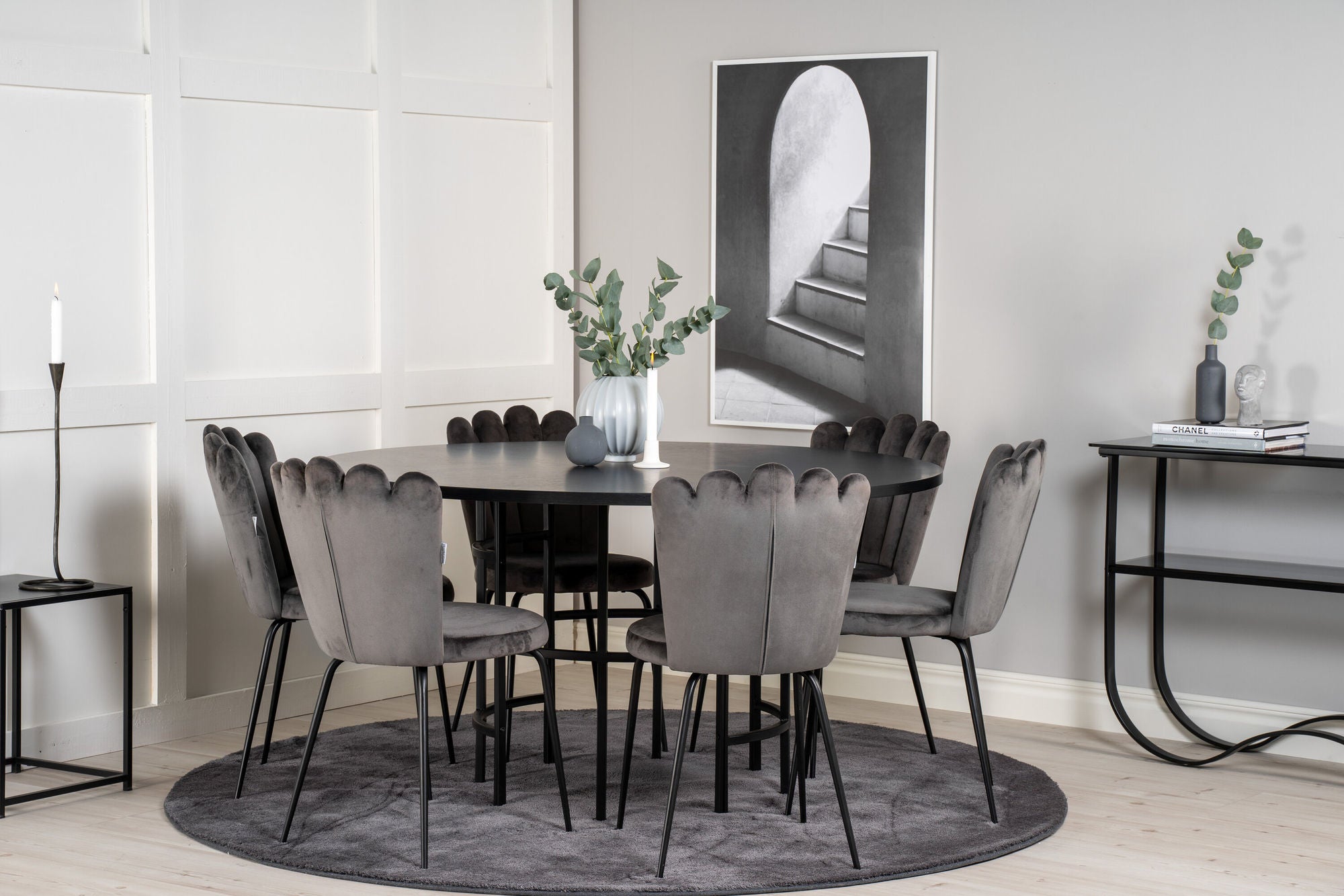 Venture Home Copenhagen - spisebord round - Black / Black - Limhamn stol - Grey 6