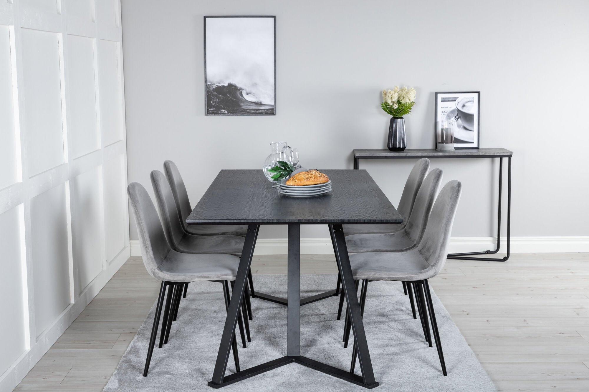 Venture Home Marina spisebord - Black top / Black Legs +Polar Spisebordsstol - Black legs / Light Grey Velvet (ersätter 19902-885)_6