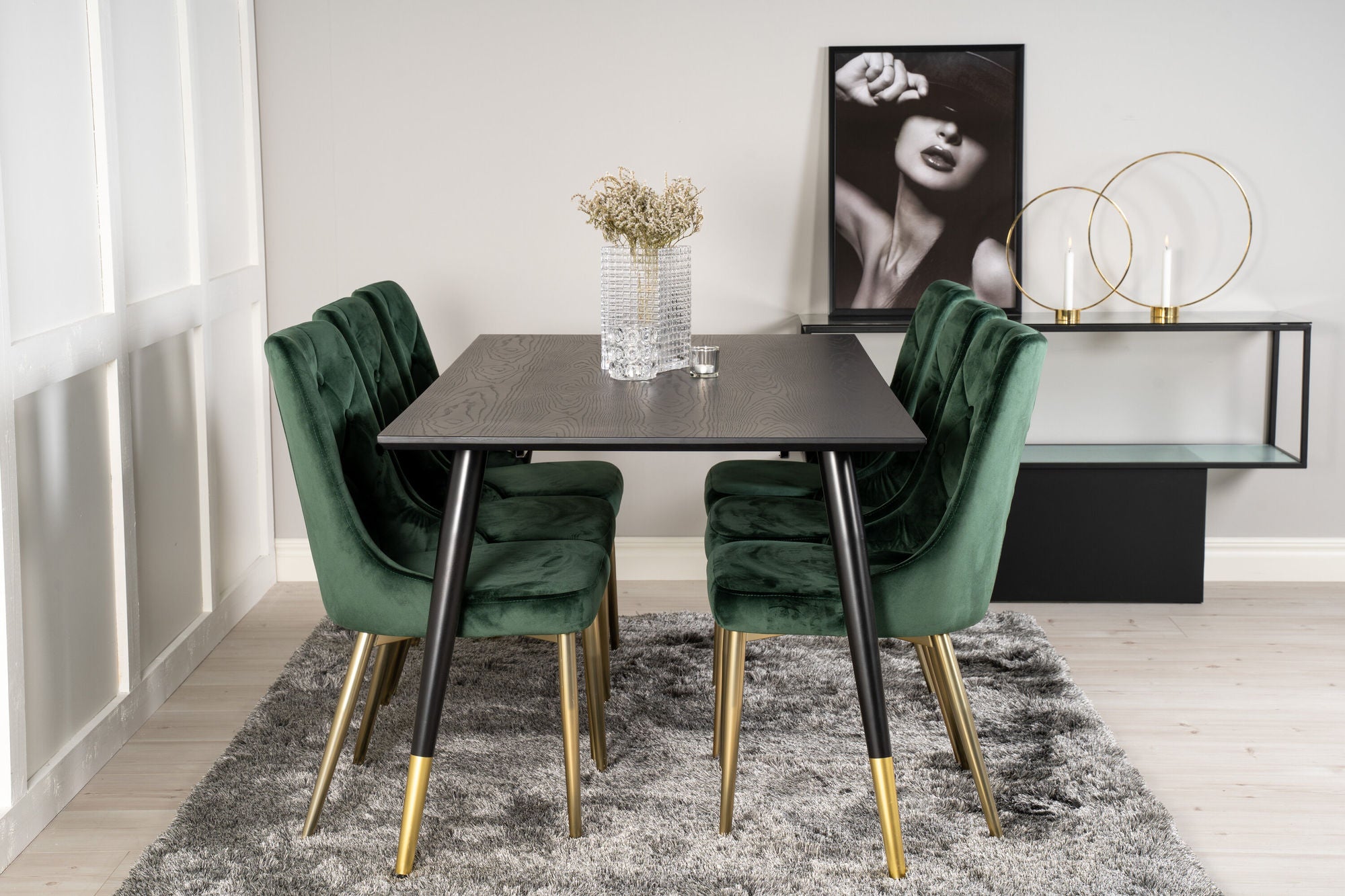 Venture Home Dipp spisebord - 180*90cm - Black Veneer / black legs w brass dipp +Velvet Lyx Matstol - Matt Mässing / Mossgrön Sammet_6