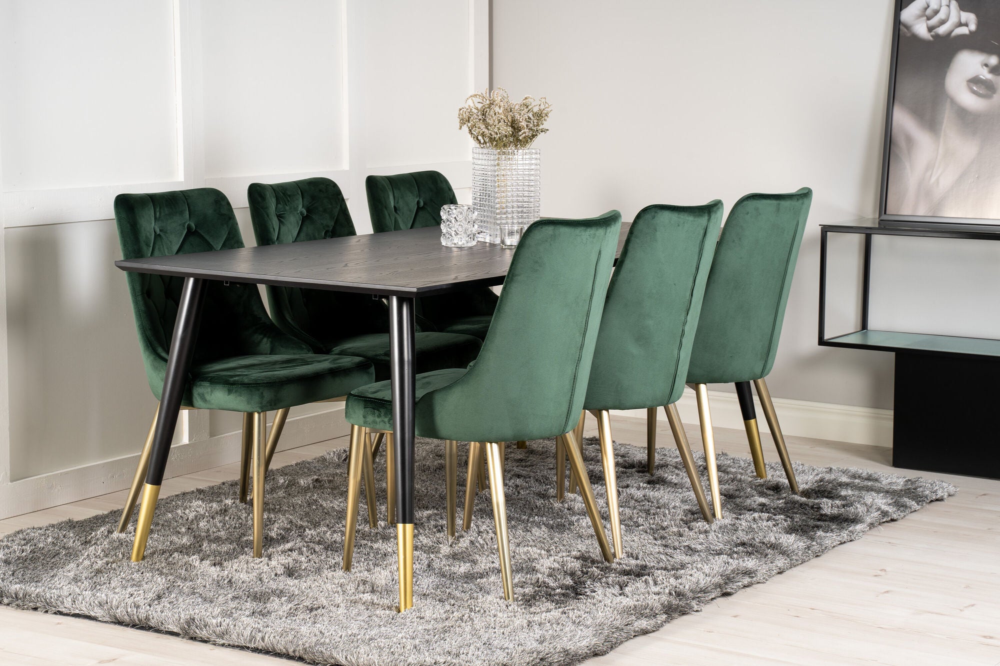 Venture Home Dipp spisebord - 180*90cm - Black Veneer / black legs w brass dipp +Velvet Lyx Matstol - Matt Mässing / Mossgrön Sammet_6