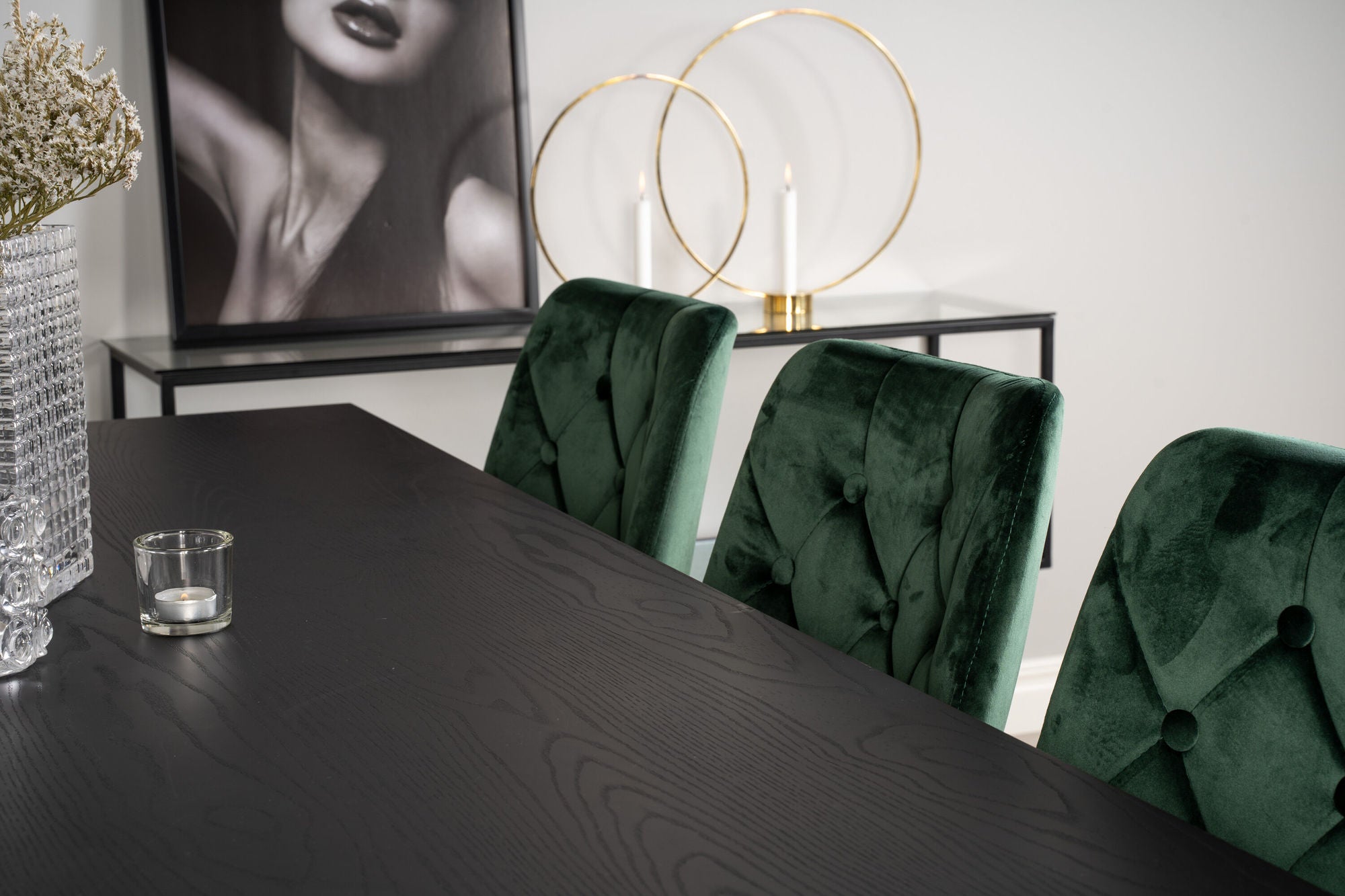 Venture Home Dipp spisebord - 180*90cm - Black Veneer / black legs w brass dipp +Velvet Lyx Matstol - Matt Mässing / Mossgrön Sammet_6
