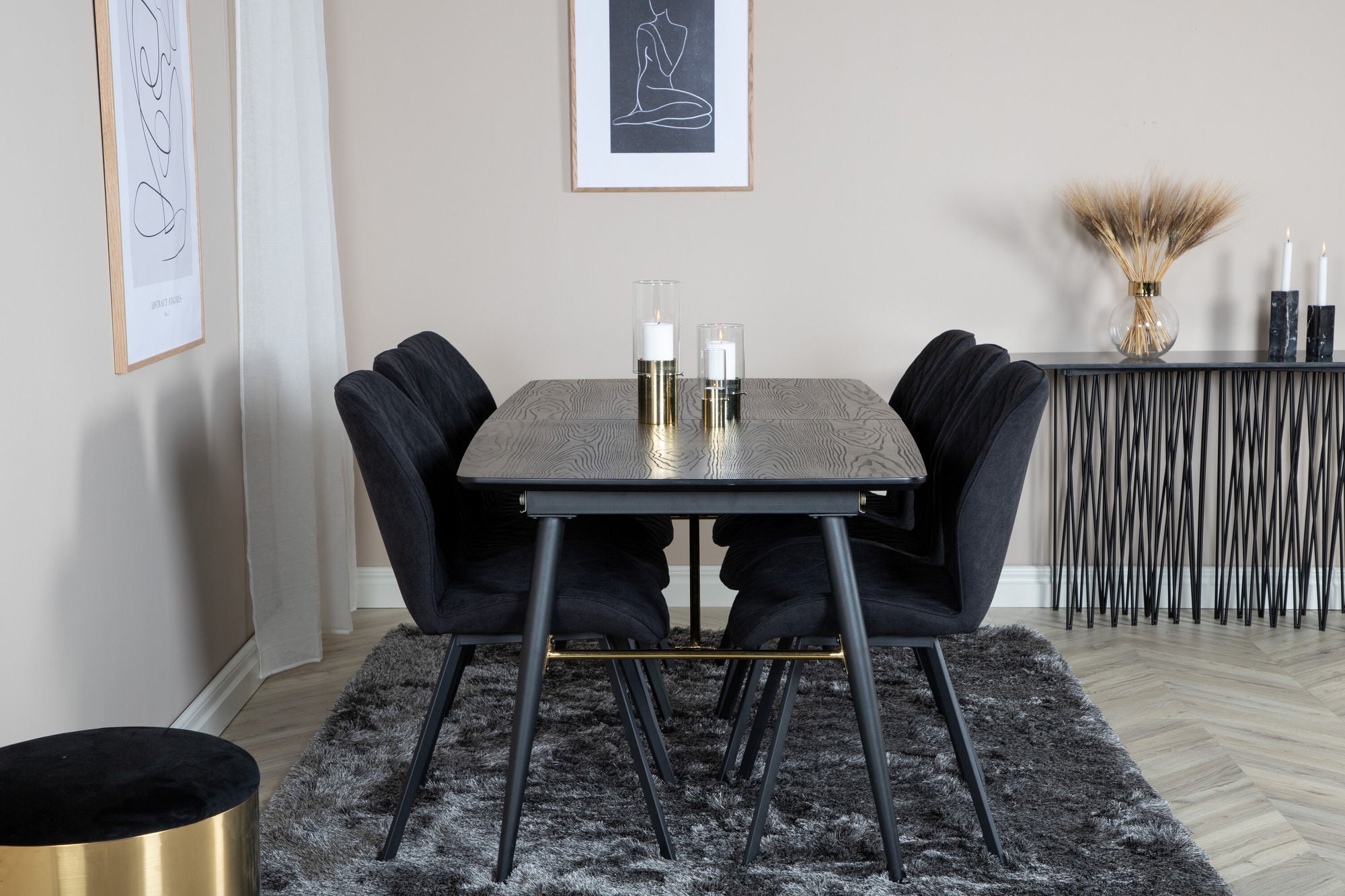 Venture Home Gold Extention bord - 180/220*85*H76 Black Veneer - Black legs - Brass details+Gemma Spisebordsstol - Black Legs - Black Fabric_6