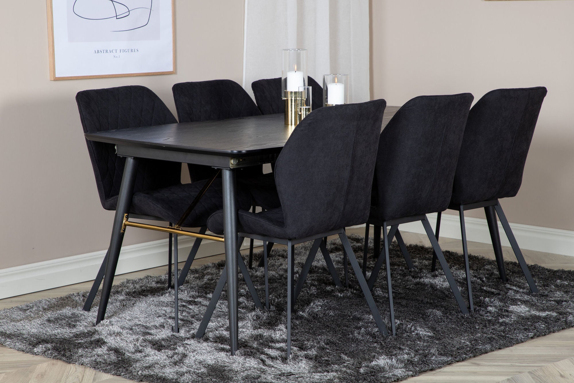 Venture Home Gold Extention bord - 180/220*85*H76 Black Veneer - Black legs - Brass details+Gemma Spisebordsstol - Black Legs - Black Fabric_6