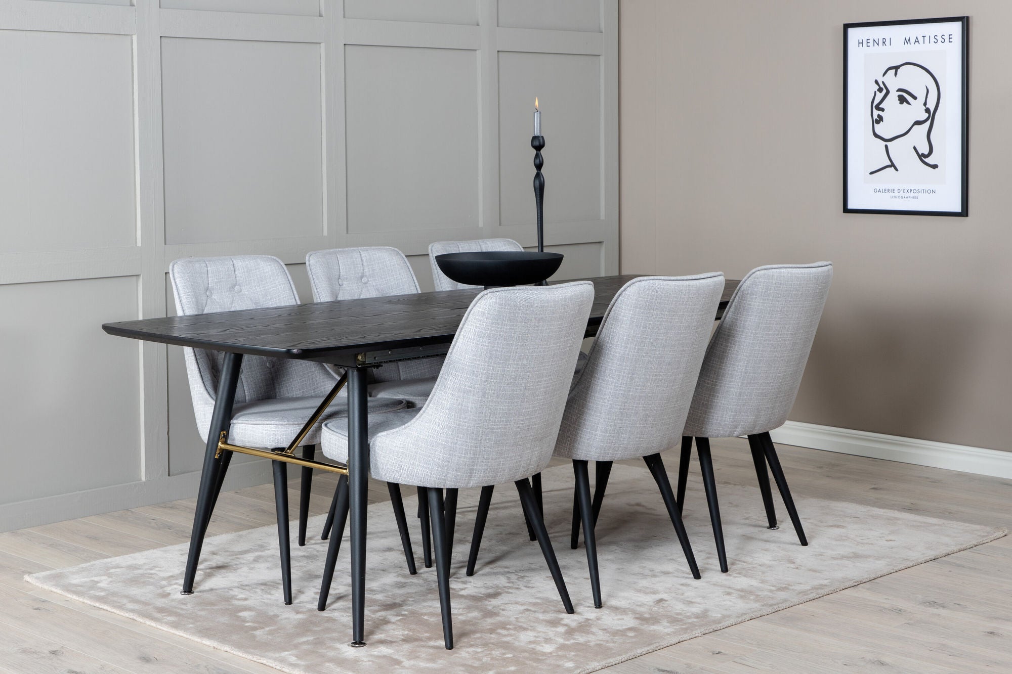 Venture Home Gold Extention bord - 180/220*85*H76 Black Veneer - Black legs - Brass details+Velvet Deluxe Spisebordsstol - Black Legs - Light Grey Fabric_6